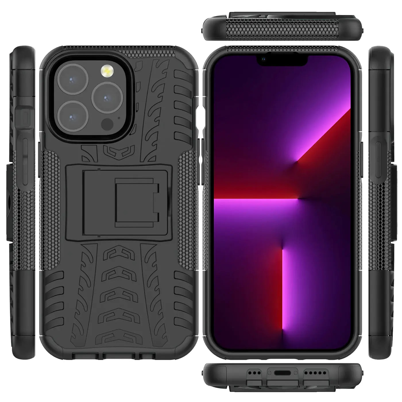 Schwarze Outdoor-Hülle aus Kunststoff für iPhone 14 Pro Max, mit Ständer, verschiedene Ansichten.