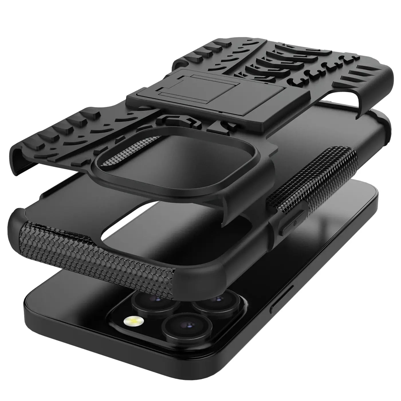 Schwarze 2-teilige Outdoor-Hülle aus Kunststoff, von schräg oben, auf einem iPhone 14 Pro Max.