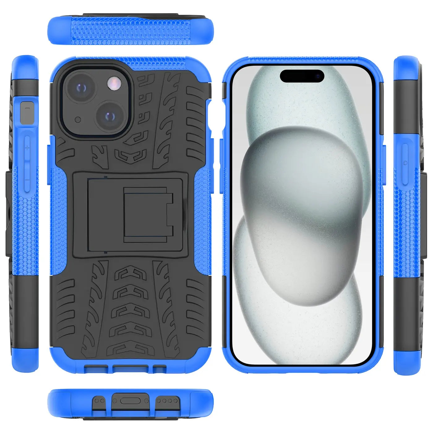 Blaue und schwarze Outdoor-Hülle für iPhone 15, 2-teilig, stoßfest, mit Ständer