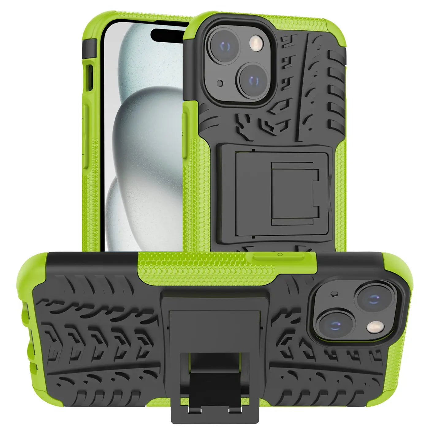 Grüne und schwarze Outdoor-Hülle aus Kunststoff mit Ständer für iPhone 15, Vorder- und Rückansicht.