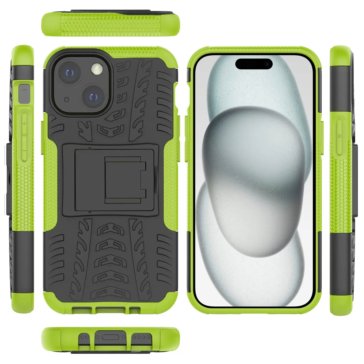 Grüne und schwarze Outdoor-Hülle für iPhone 15, 2-teilig, stoßfest, mit Ständer