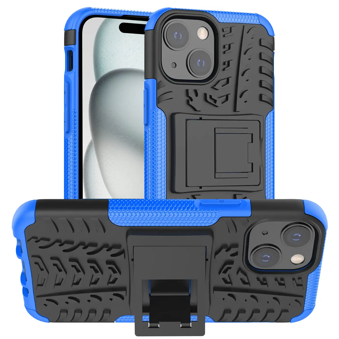 Blaue und schwarze Outdoor-Hülle mit Reifenprofil und Ständer für iPhone 15 Plus.