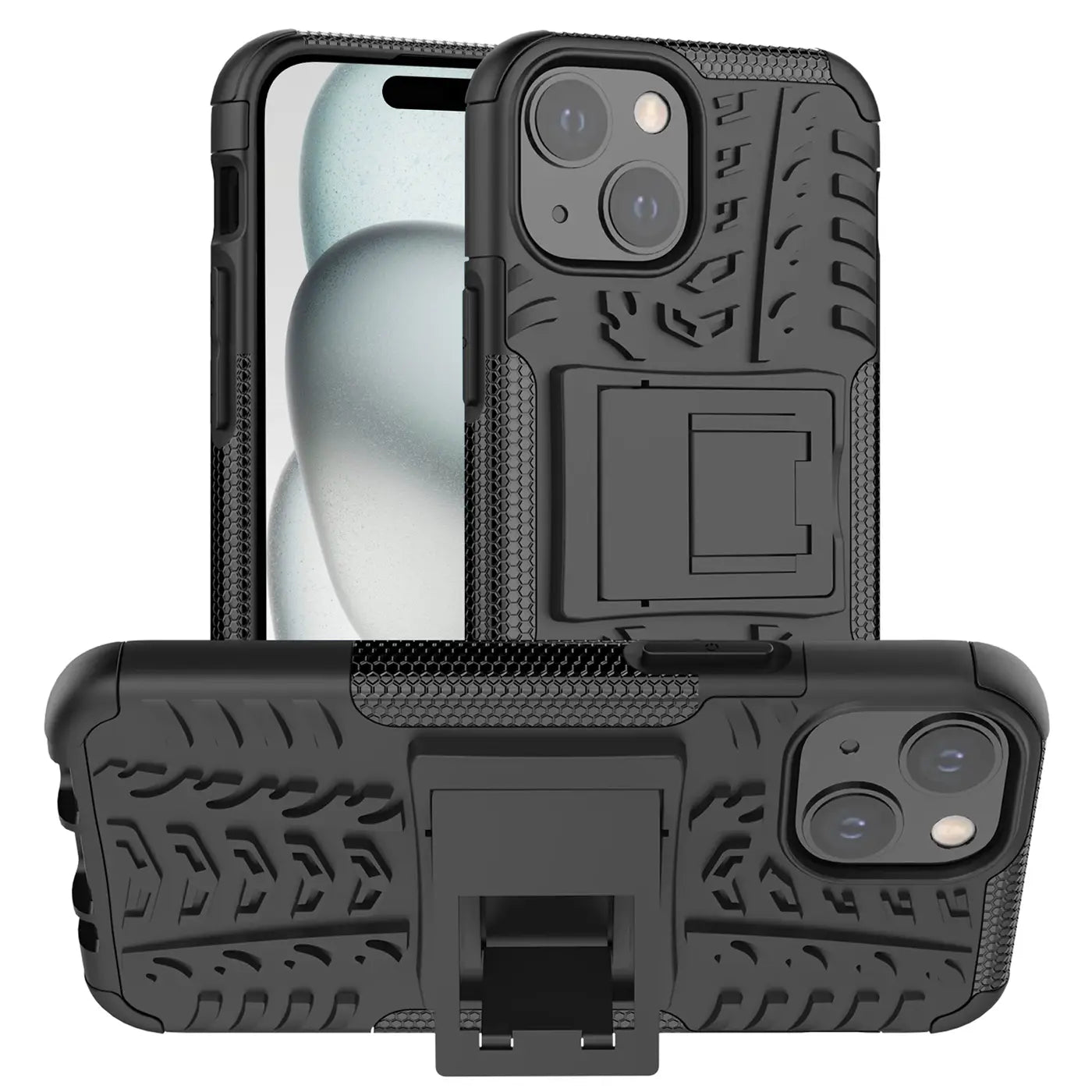 Schwarze Outdoor-Hülle aus Kunststoff mit Ständer für iPhone 15 Plus, von vorne und Seite