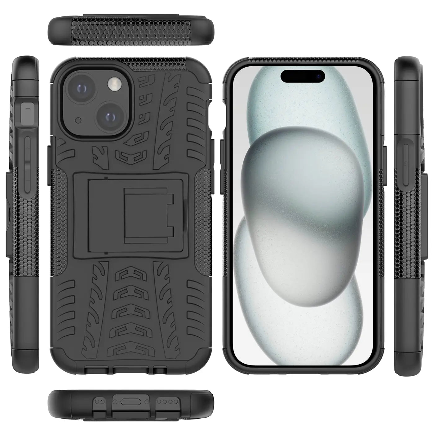 Schwarze Outdoor-Hülle aus Kunststoff für iPhone 15 Plus, mit Ständer, verschiedene Ansichten.