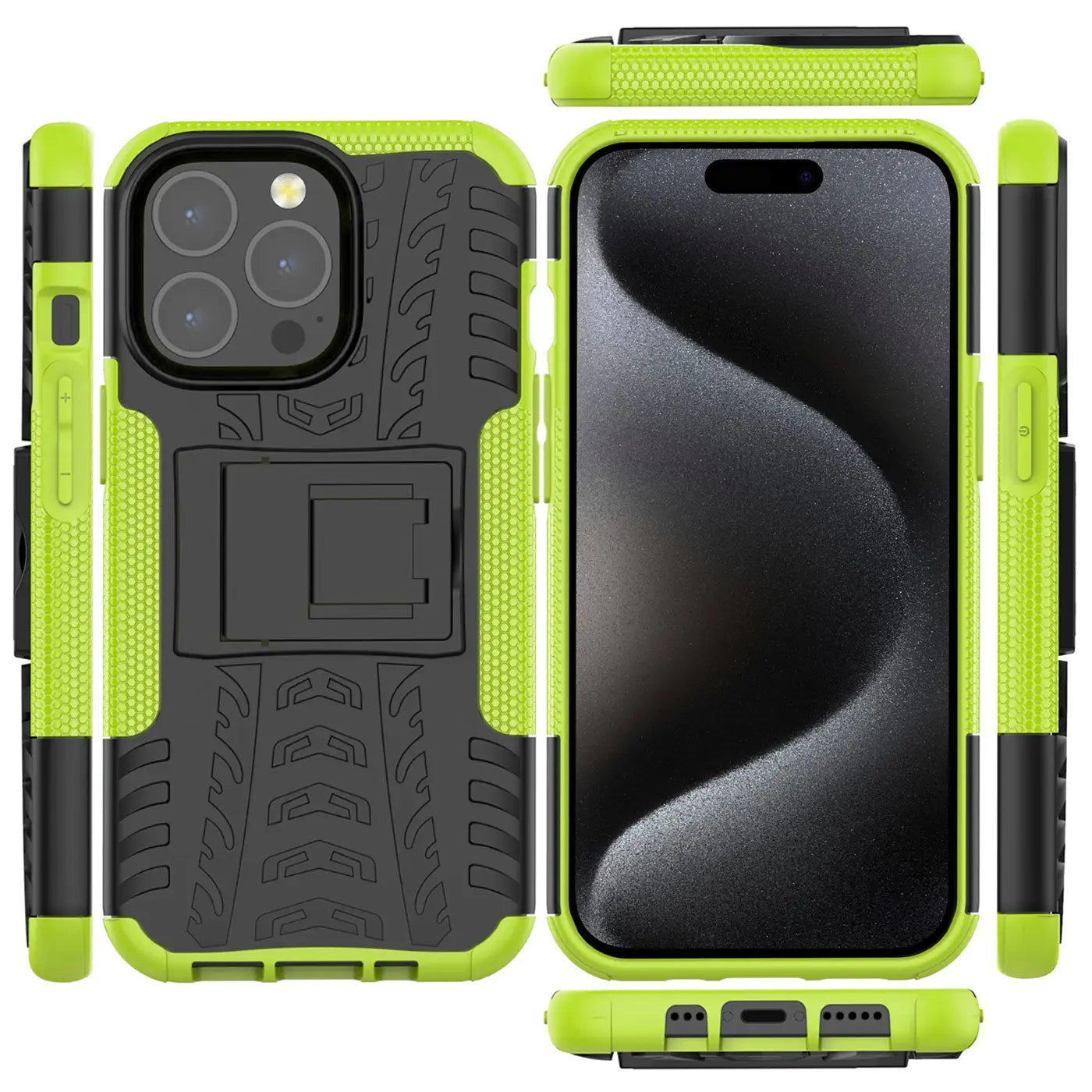 Grüne und schwarze Outdoor-Hülle für iPhone 15 Pro, 2-teilig, stoßfest, mit Ständer
