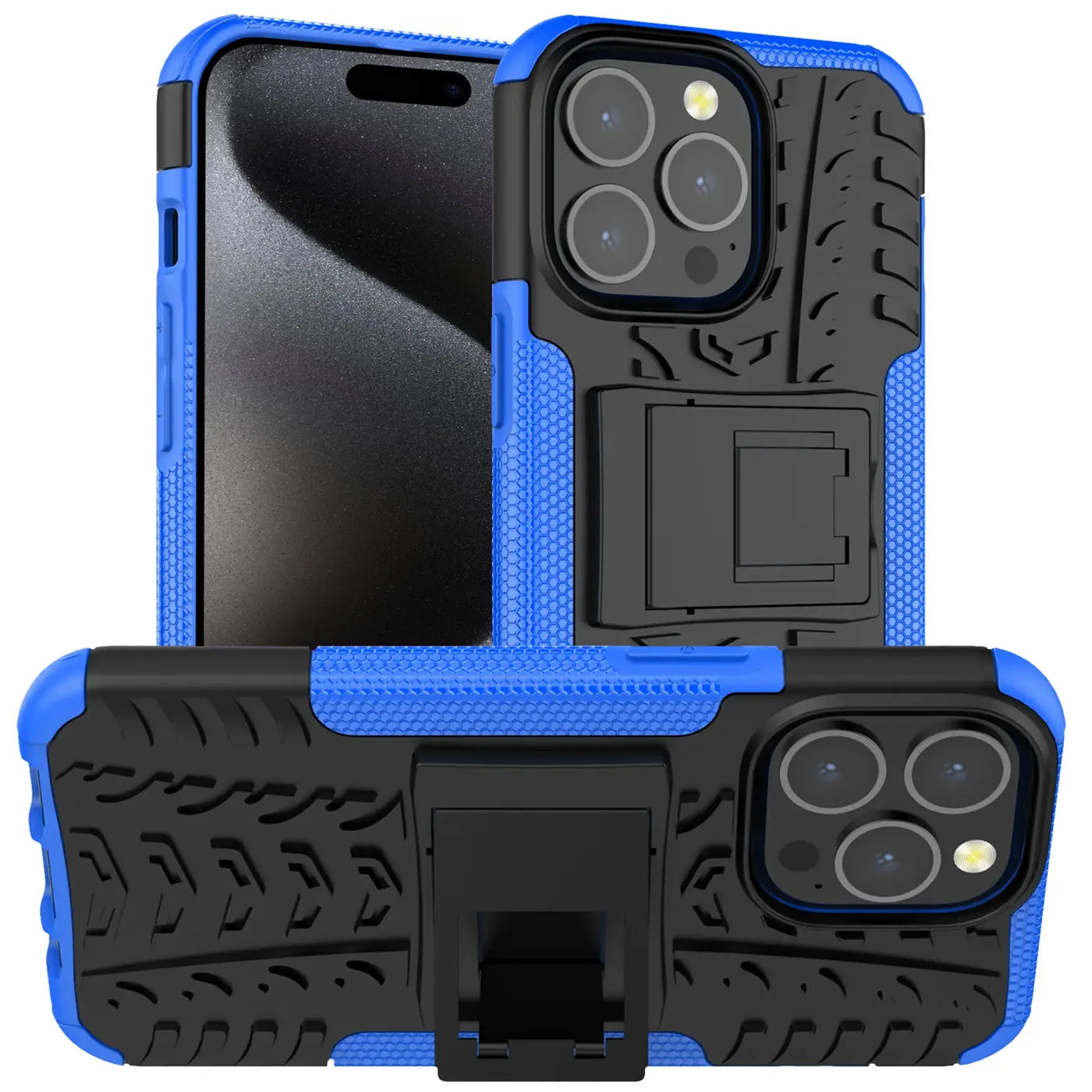 Blaue und schwarze Hülle aus Kunststoff für iPhone 15 Pro Max, mit Ständer, von vorne und hinten gezeigt.