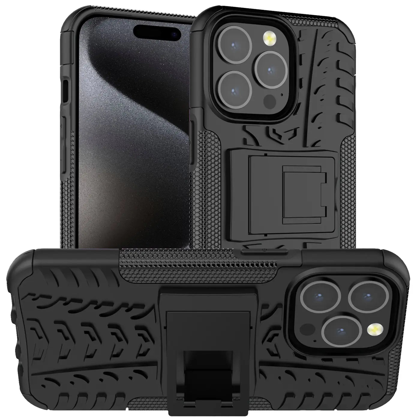 Schwarze Outdoor-Hülle aus Kunststoff mit Reifenprofil, Ständer, iPhone 15 Pro Max, von vorne und hinten