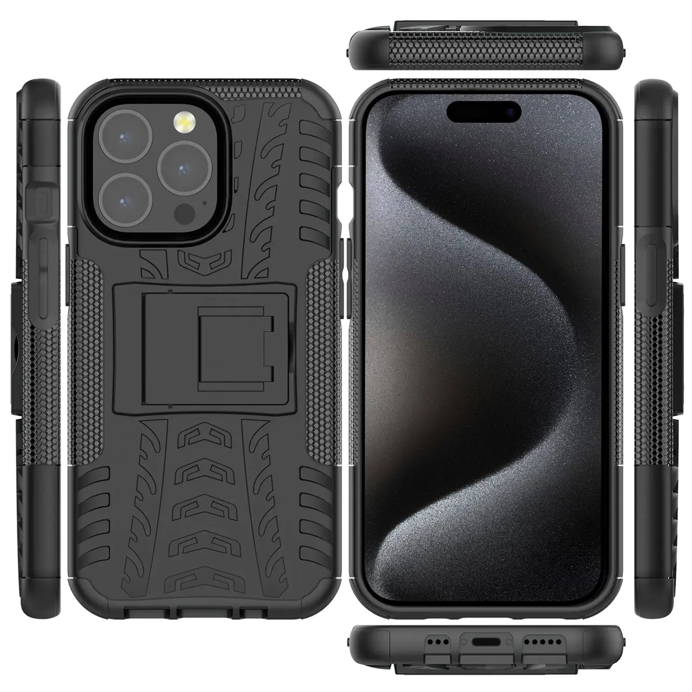 Schwarze Outdoor-Hülle aus Kunststoff für iPhone 15 Pro Max, 2-teilig, mit Ständer, verschiedene Ansichten.
