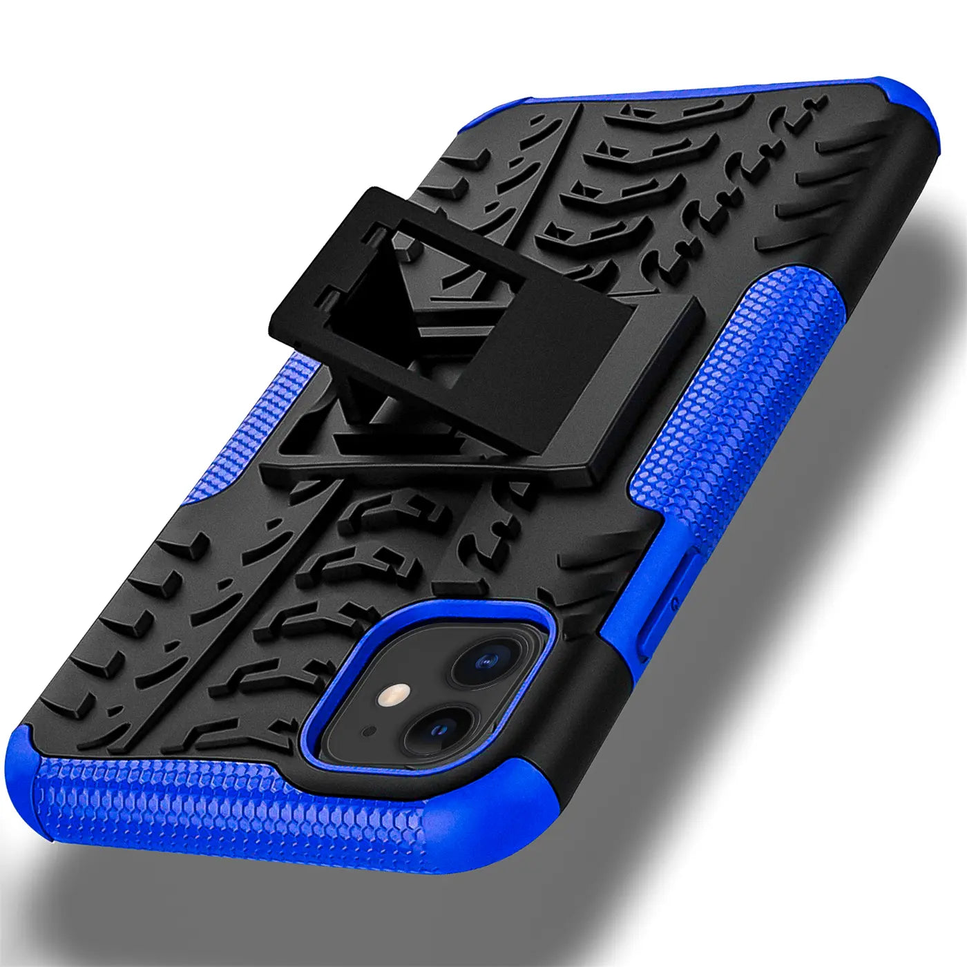 Schwarze Outdoor-Hülle mit blauem Rahmen und integriertem Ständer für iPhone 7/8/SE.