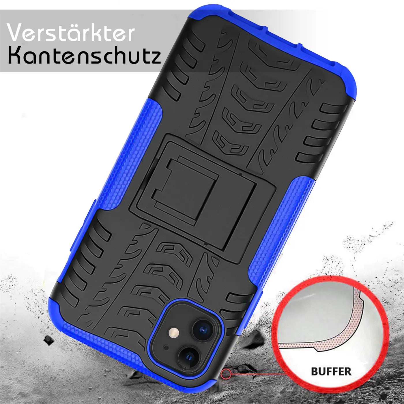 Schwarze und blaue Outdoor-Hülle aus Kunststoff mit Ständer für iPhone, von vorne schräg.
