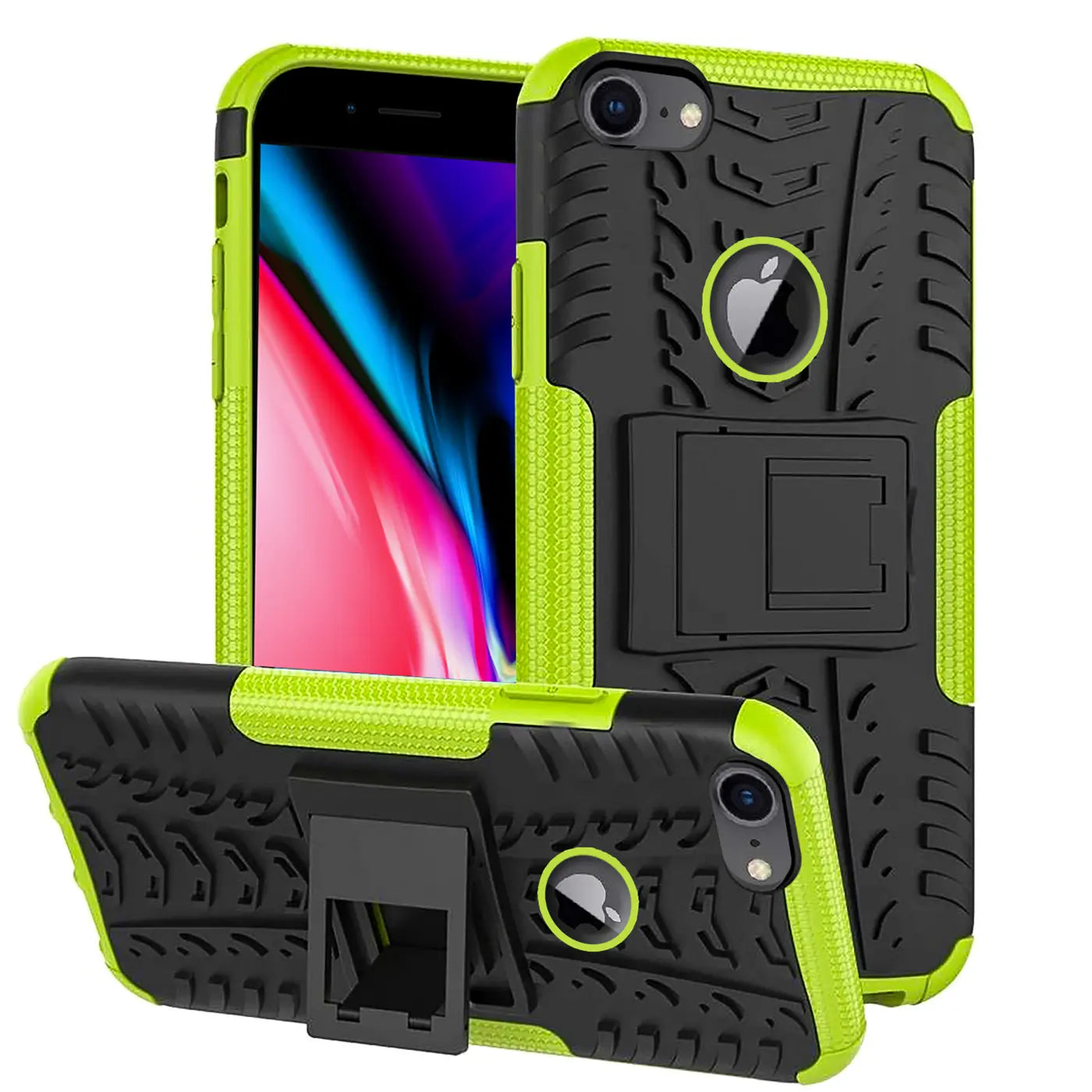 Grüne und schwarze Outdoor-Hülle mit Ständer für iPhone, aus Kunststoff, von vorne und unten gezeigt.