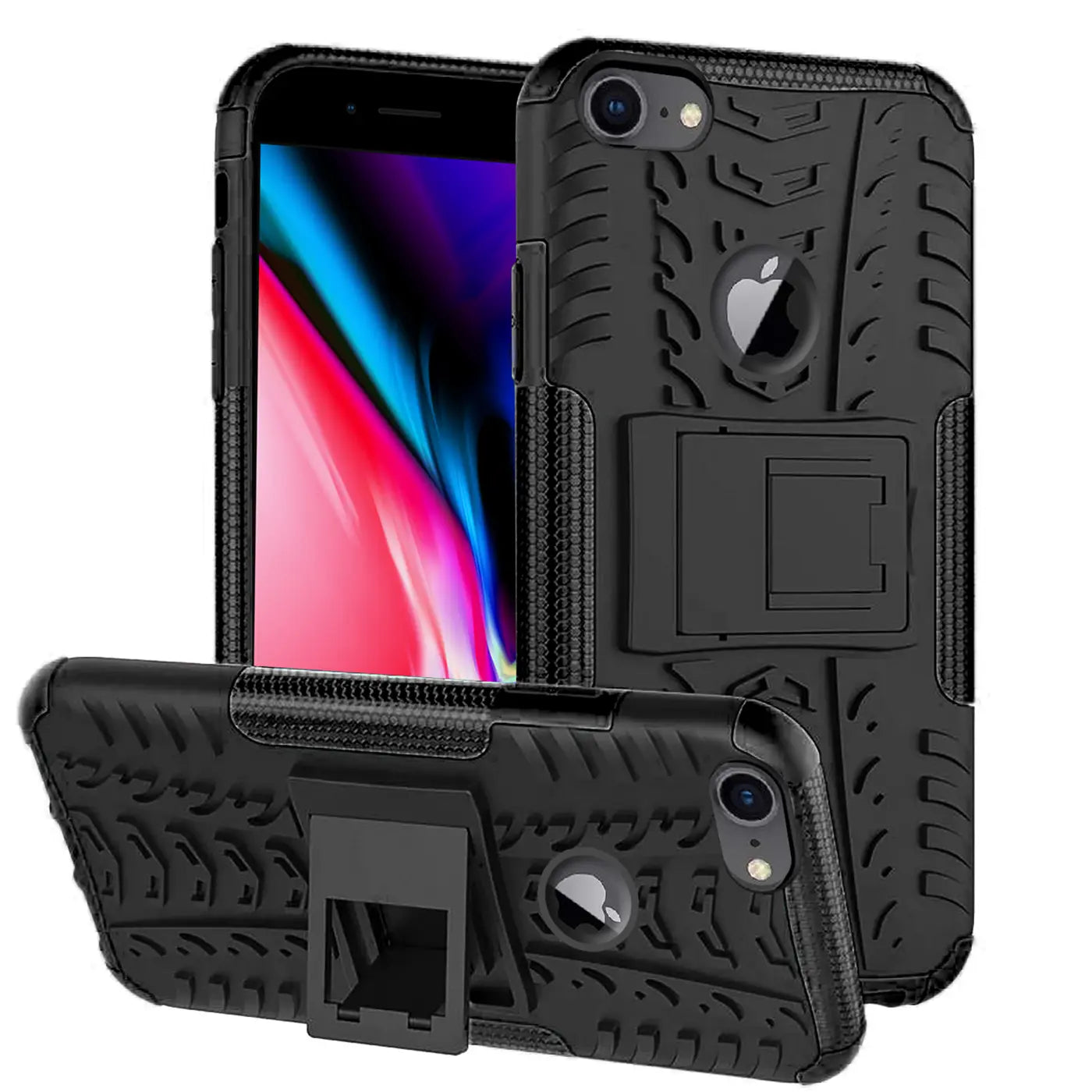 Schwarze Outdoor-Hülle aus Kunststoff für iPhone 7/8/SE mit Ständer, von vorne und Seite