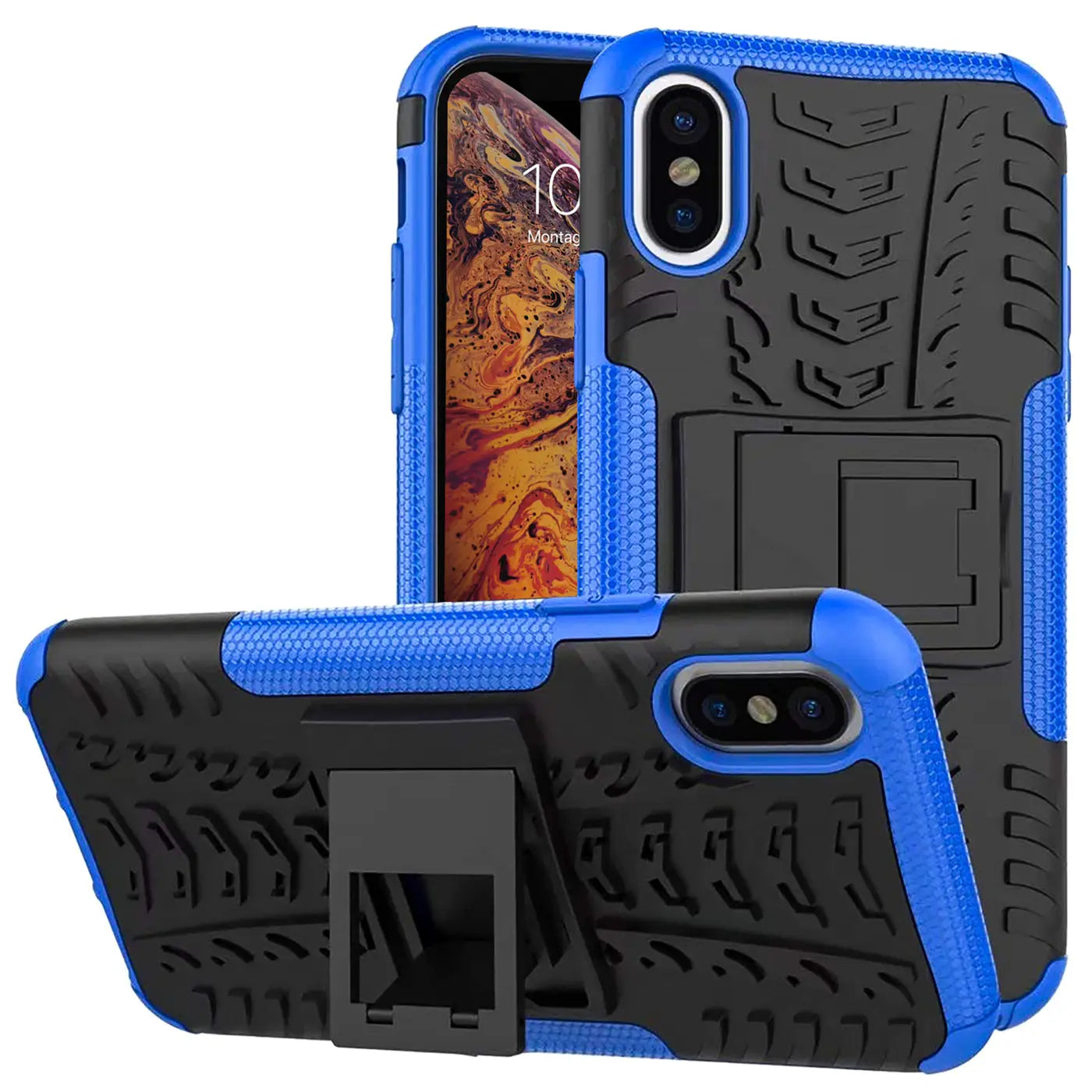 Blaue und schwarze Outdoor-Hülle für iPhone X/XS, 2-teilig, stoßfest, mit Ständer
