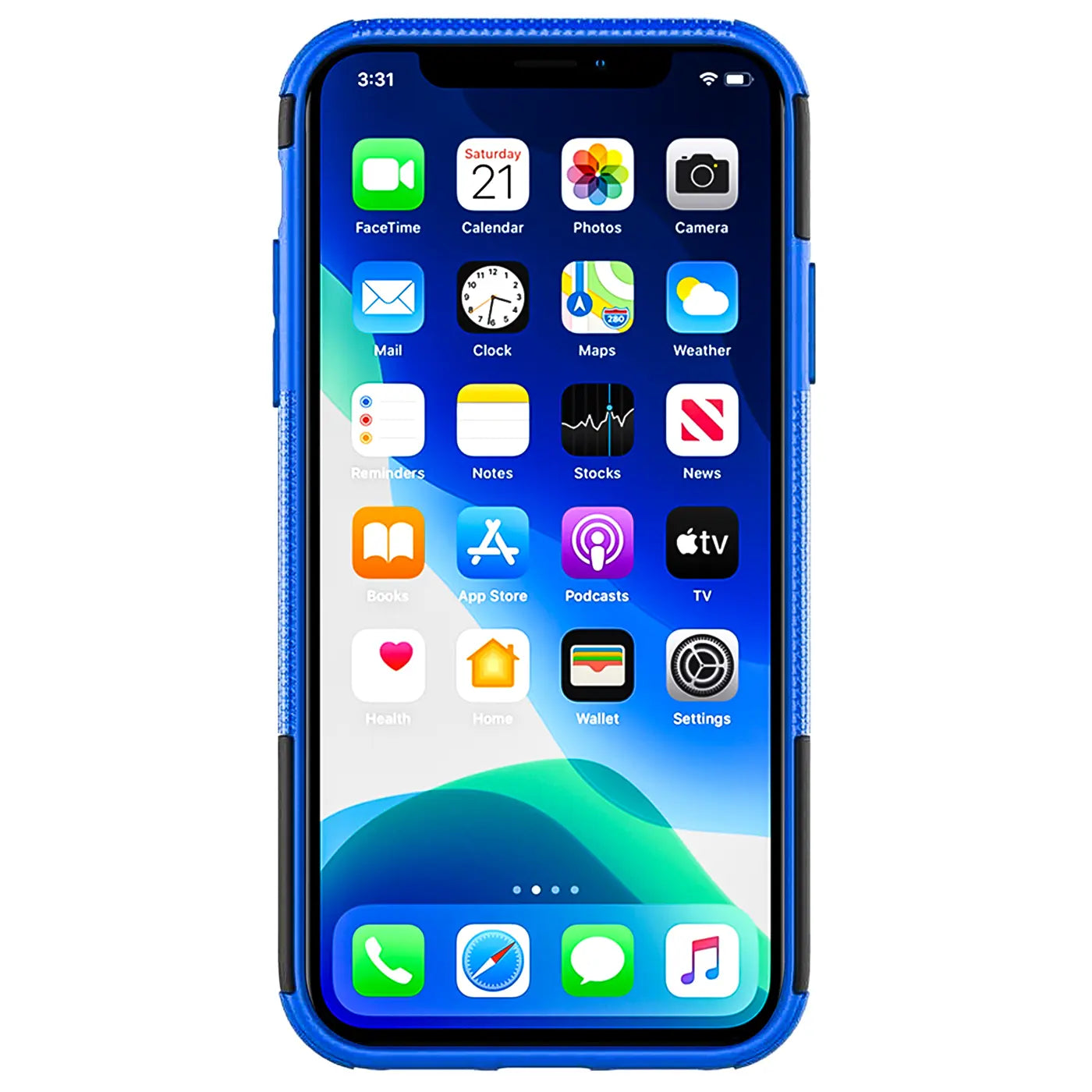 Blaues iPhone X/XS mit Hülle, Frontansicht, Kunststoff.
