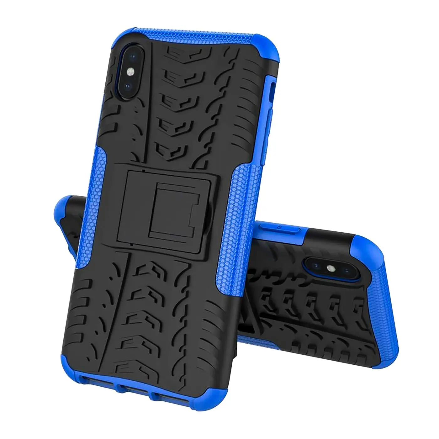 Schwarze und blaue Outdoor-Hülle mit Reifenprofil für iPhone X/XS, von vorne mit Ständer.