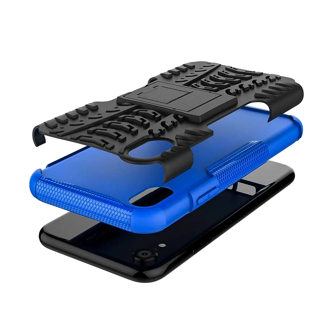 Blaues 2-teiliges Outdoor-Case aus Kunststoff für iPhone X/XS, von oben, mit integriertem Ständer.