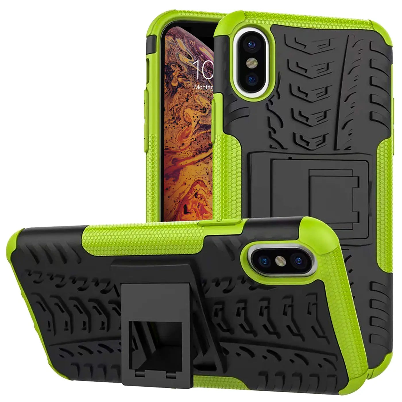 Grüne und schwarze Hülle für iPhone X/XS, 2-teilig, mit Ständer, von vorne unten gesehen.