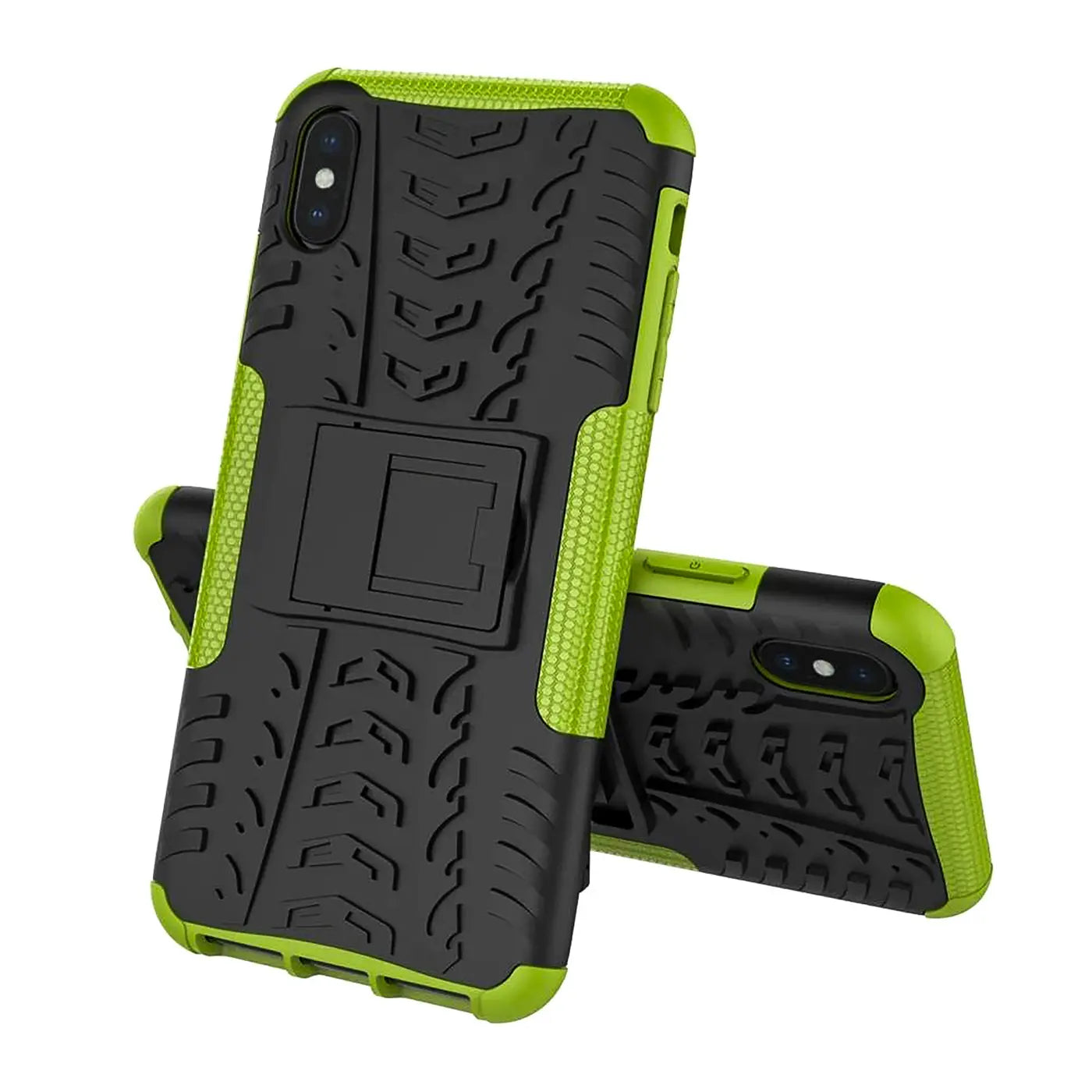 Zweiteilige schwarze & grüne Handyhülle aus Kunststoff mit Ständer für iPhone X/XS, von vorne.