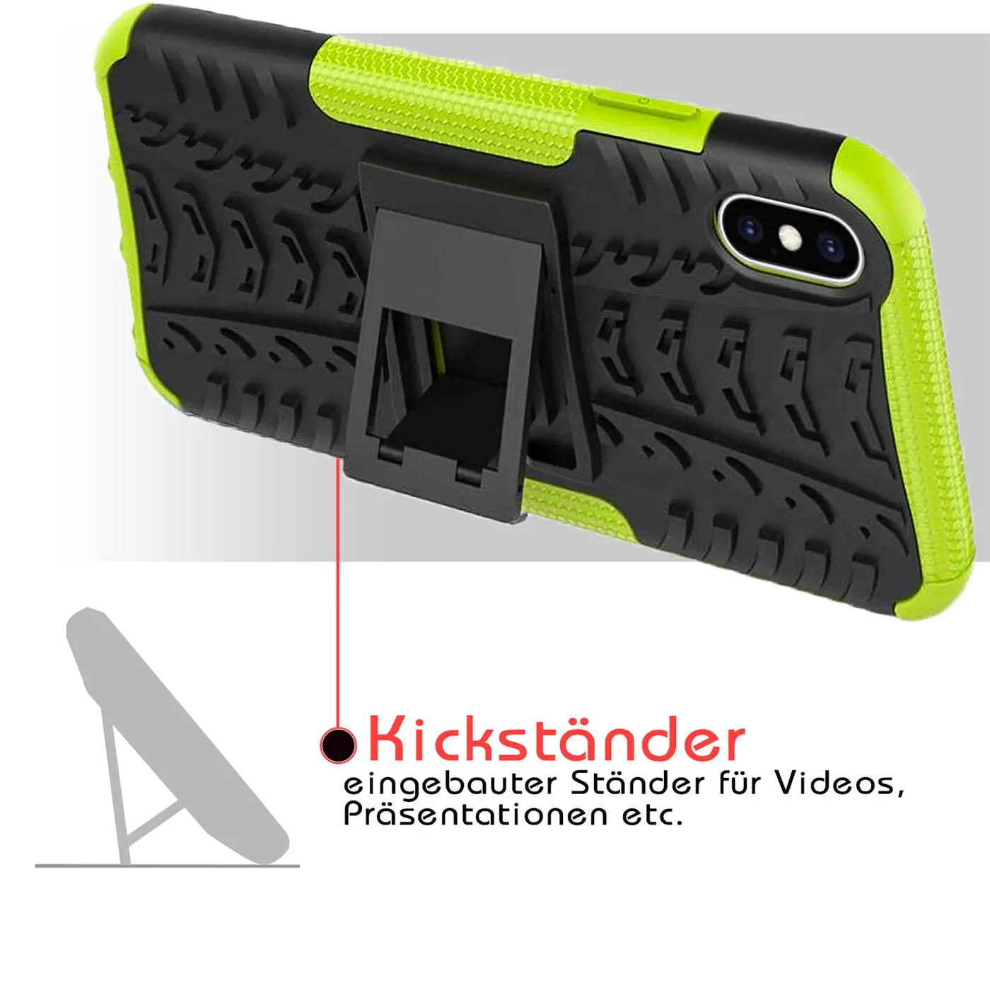 Grüne und schwarze Handyhülle aus Kunststoff mit integriertem Kickstand, Rückansicht, iPhone X/XS.