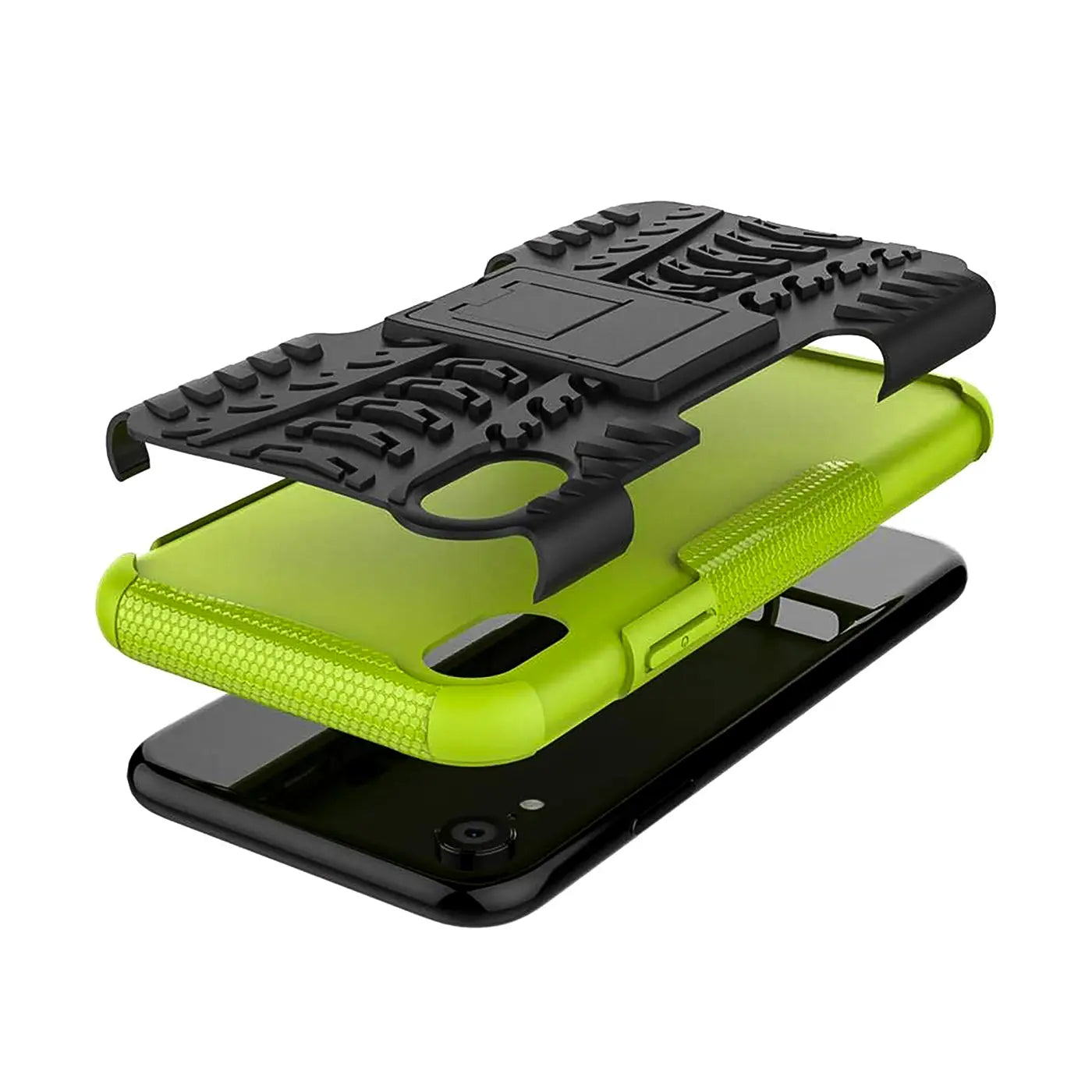 Schwarze und grüne 2-teilige Outdoor-Hülle aus Kunststoff für iPhone X/XS, Seitenansicht.
