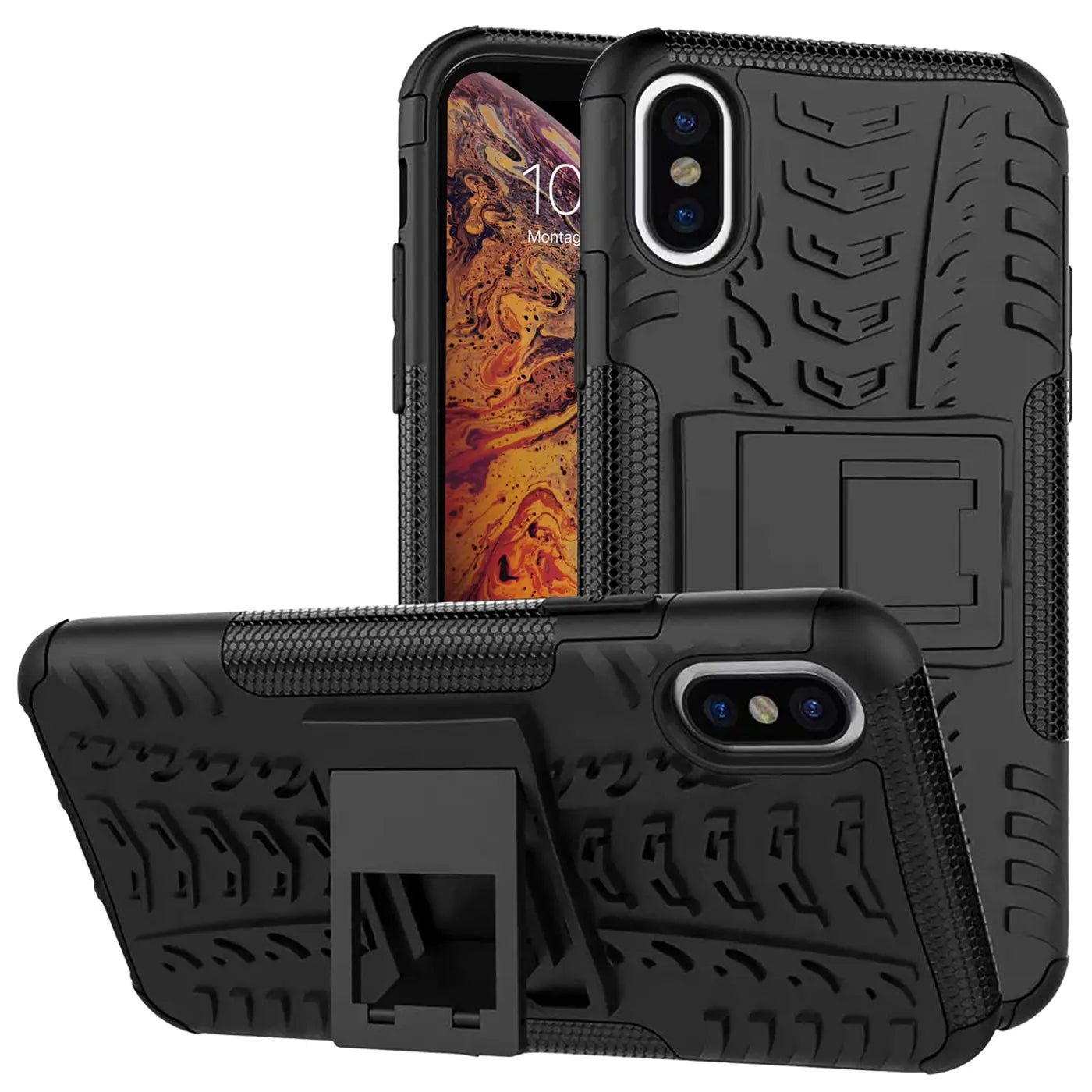 Schwarze Outdoor Hülle aus Kunststoff mit Ständer für iPhone X/XS, von vorne und schräg
