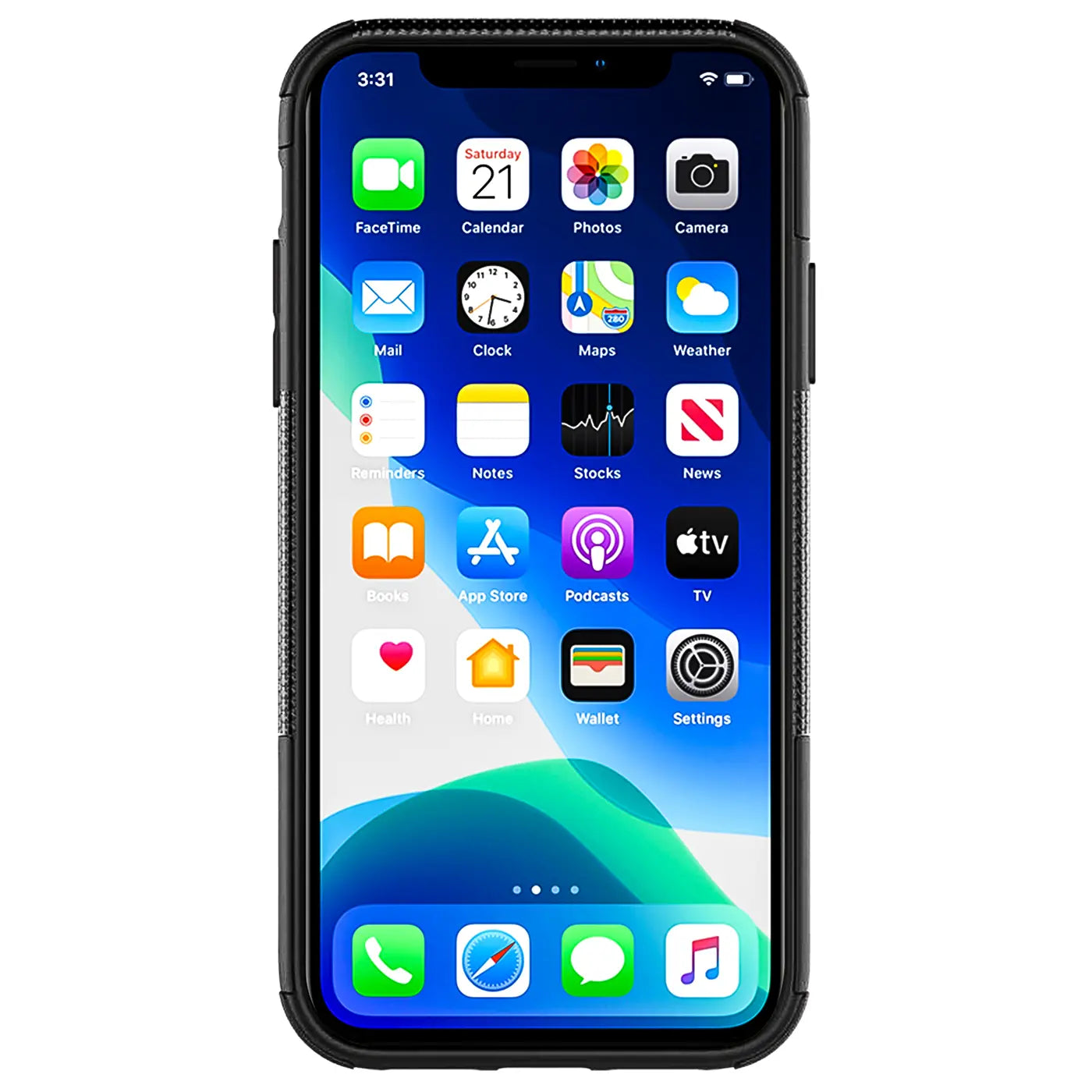 Schwarze, stoßfeste Hülle aus Kunststoff für ein iPhone X/XS, von vorne gezeigt.