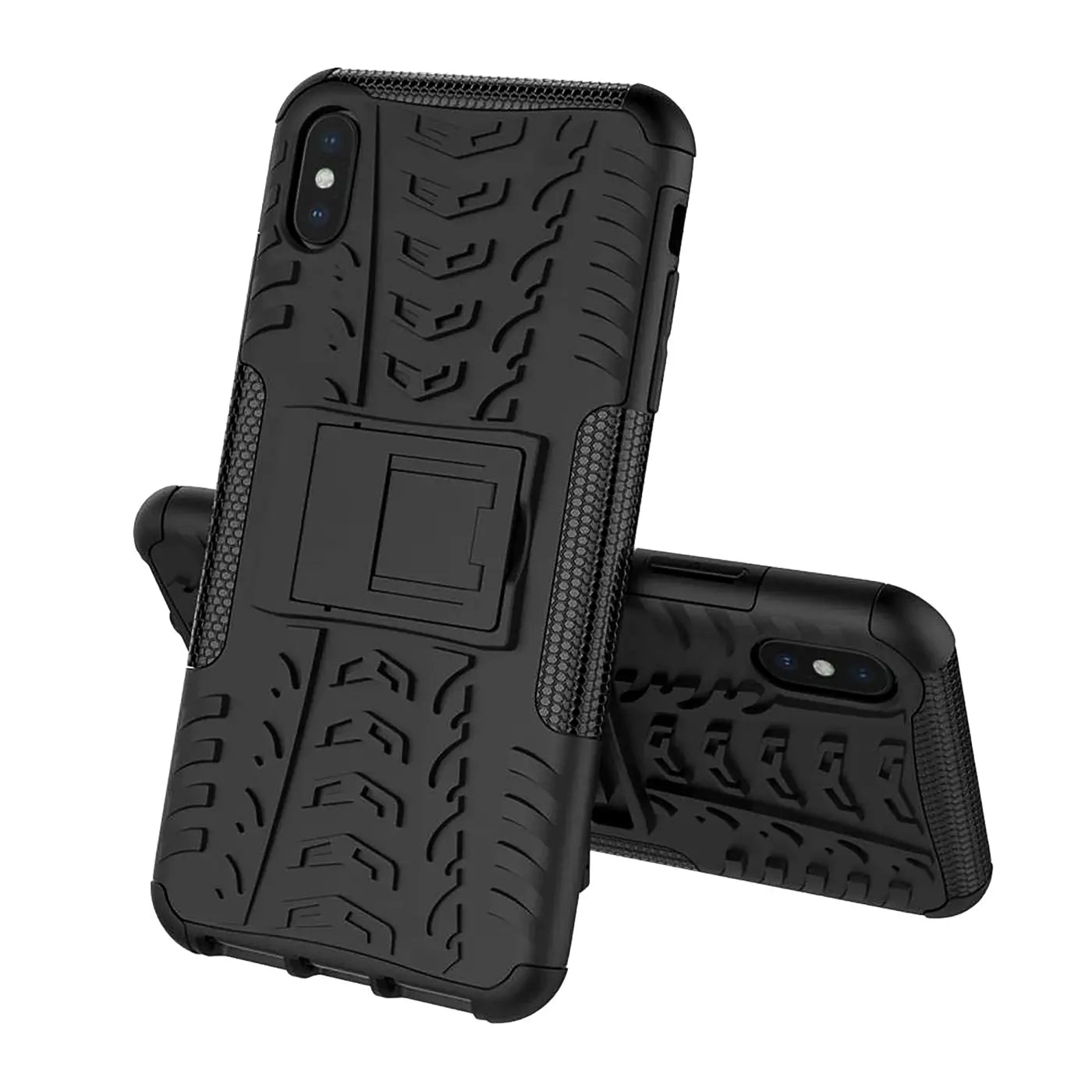 Schwarze Outdoor Hülle aus Kunststoff für iPhone X/XS, mit Ständer, von vorne links
