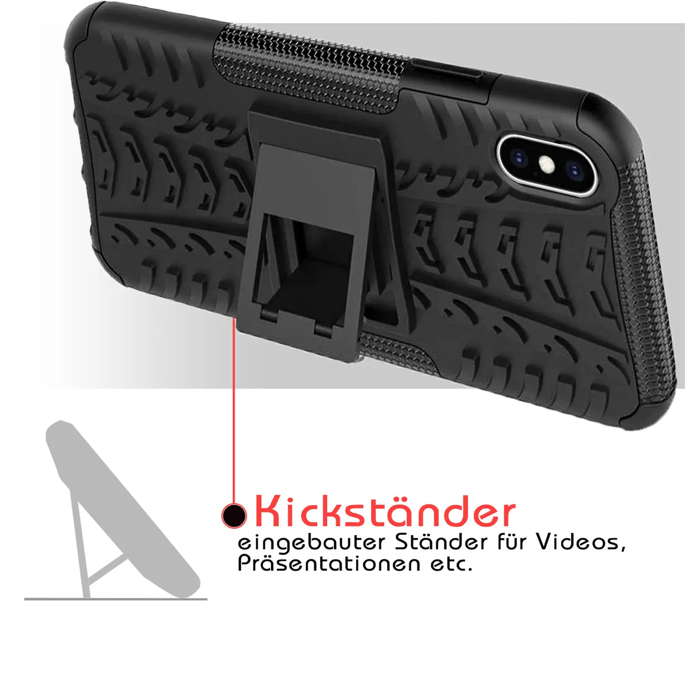 Schwarze Outdoor-Hülle aus Gummi mit integriertem Kickstand für iPhone X/XS, Rückansicht.