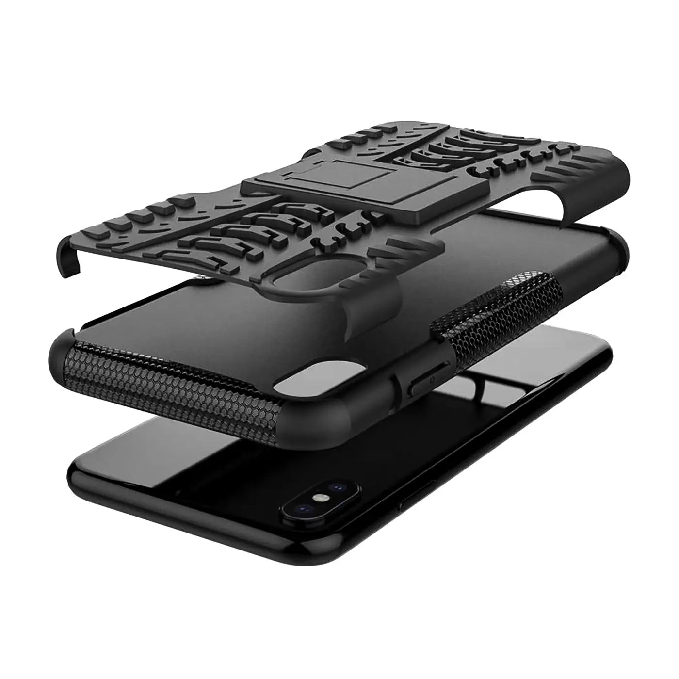 Schwarze, 2-teilige Outdoor-Hülle aus Kunststoff, explodiert, auf schwarzem iPhone X/XS.