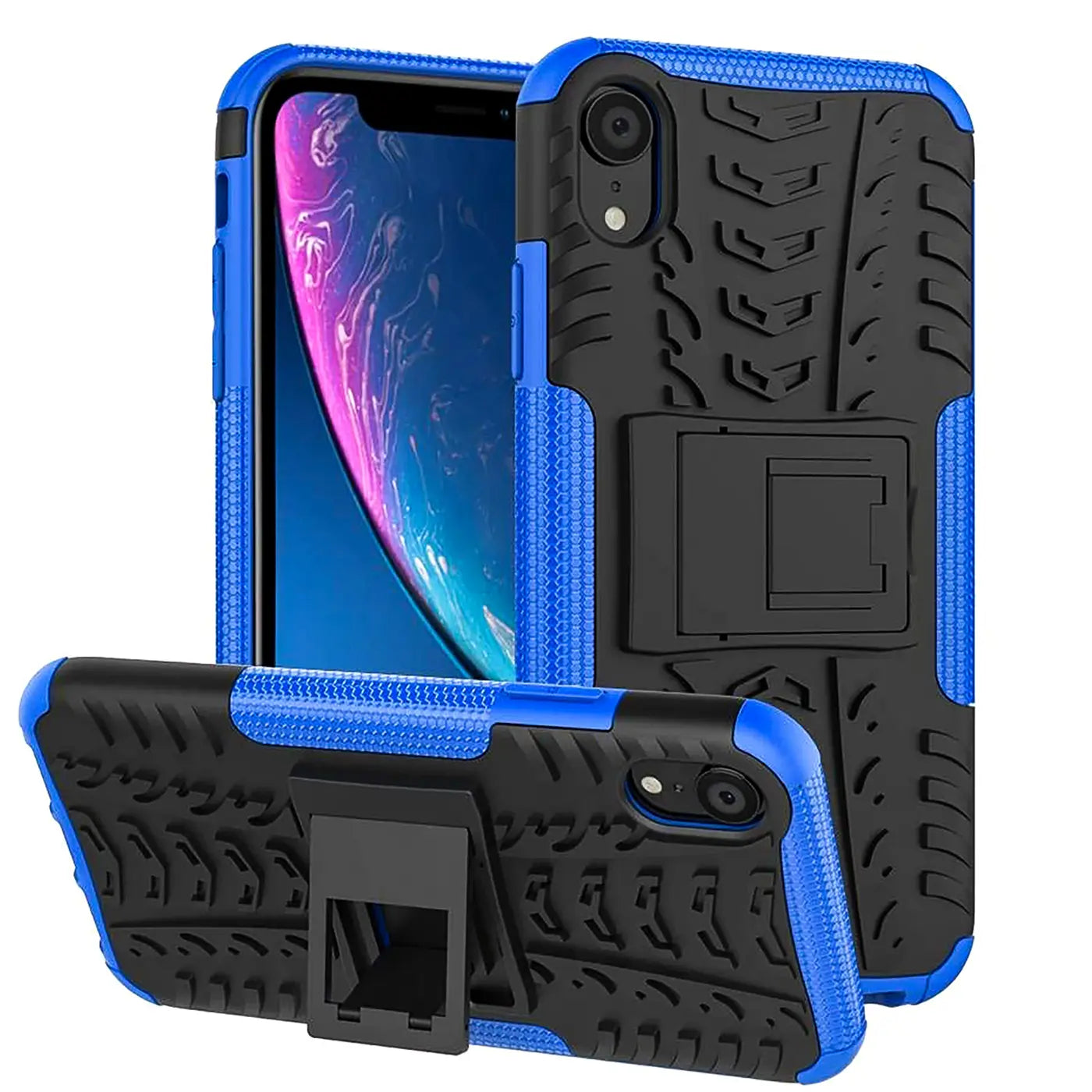 Blaues und schwarzes iPhone XR Outdoor-Case aus Kunststoff mit Ständer, von vorne und schräg