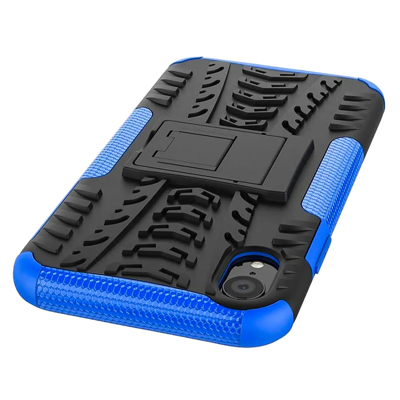 Schwarze und blaue Outdoor-Hülle mit Ständer für iPhone XR, aus Gummi und Kunststoff, von oben schräg fotografiert.