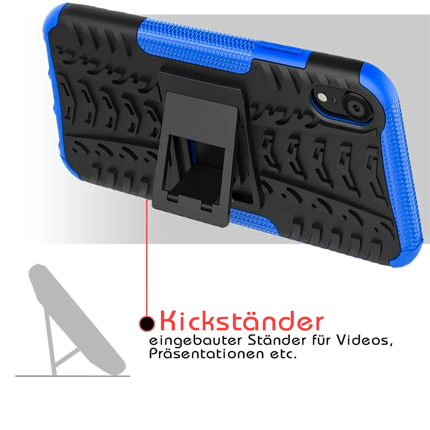 Schwarze und blaue Outdoor-Hülle mit integriertem Kickstand für iPhone XR, Rückansicht.
