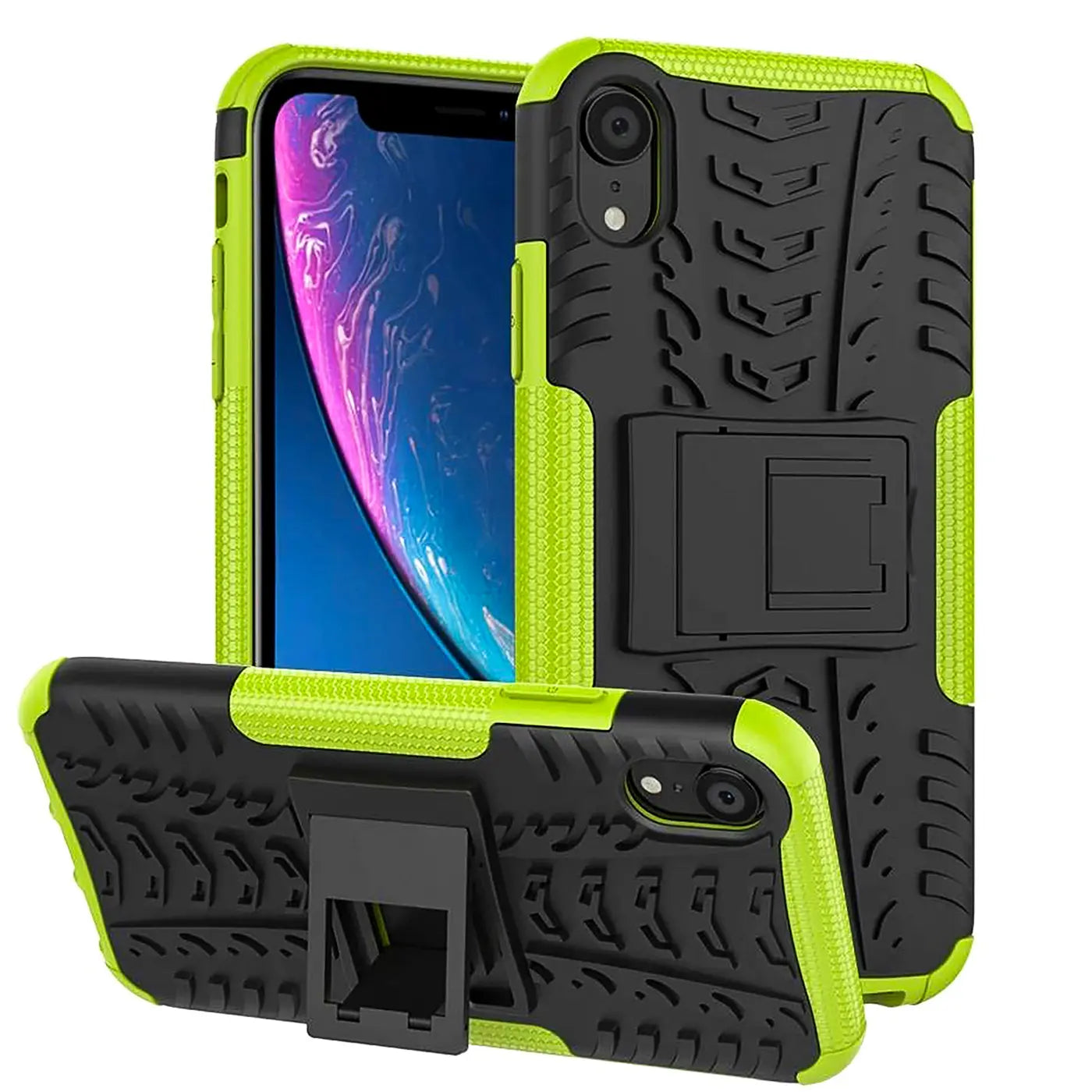 Grüne und schwarze Outdoor-Hülle mit Ständer für iPhone XR, aus Kunststoff, von vorne und schräg