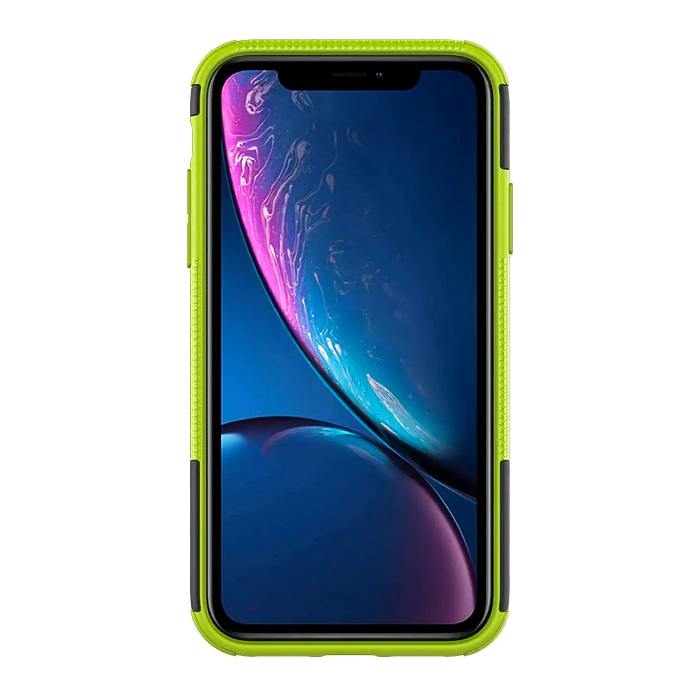 Grüne Outdoor-Hülle aus Kunststoff für iPhone XR, von vorne, mit schwarzem Rand.