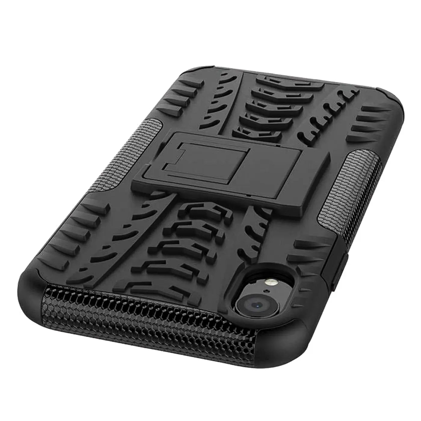 Schwarze Outdoor-Hülle aus Gummi für iPhone XR mit Ständer, von oben links fotografiert.