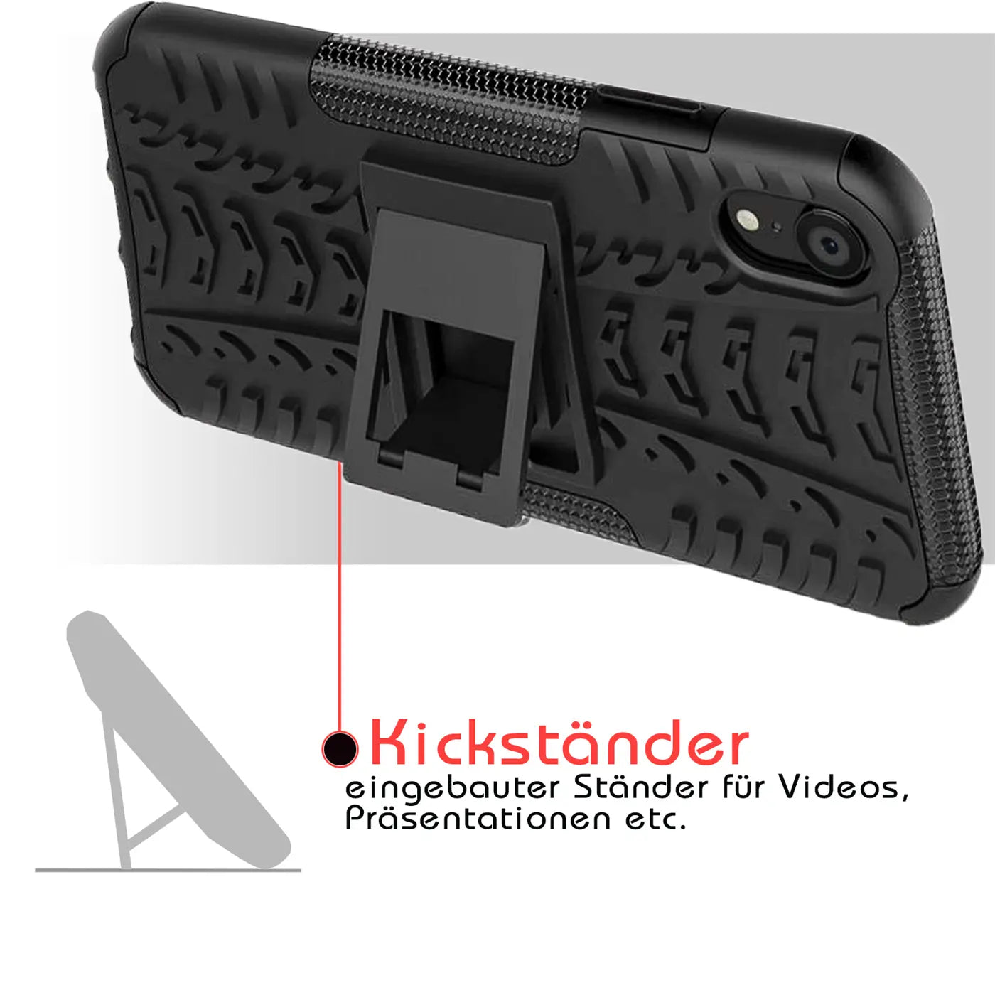 Schwarze Outdoor-Hülle aus Gummi mit Kickstand für iPhone XR, Rückansicht