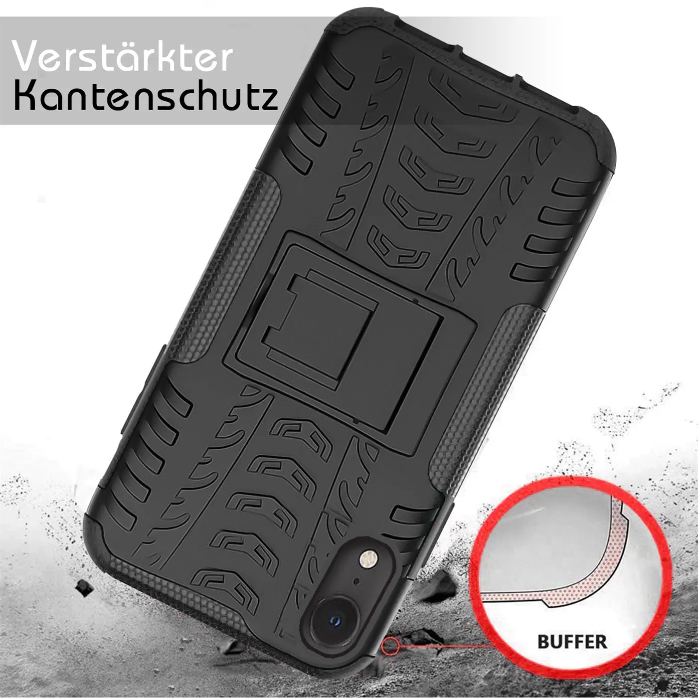 Schwarze Outdoor-Hülle aus Kunststoff mit integriertem Ständer für iPhone XR, von schräg oben gezeigt.