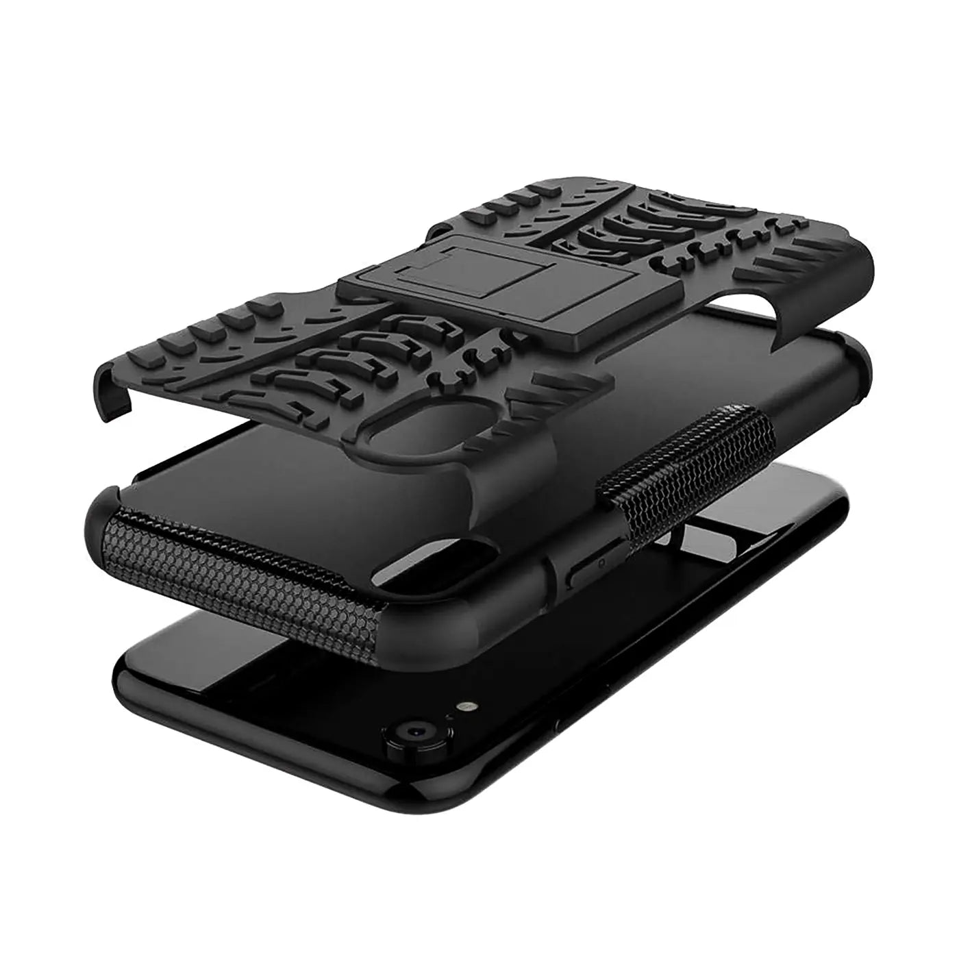 Schwarze 2-teilige Outdoor-Hülle aus Kunststoff mit Ständer für iPhone XR, Seitenansicht.