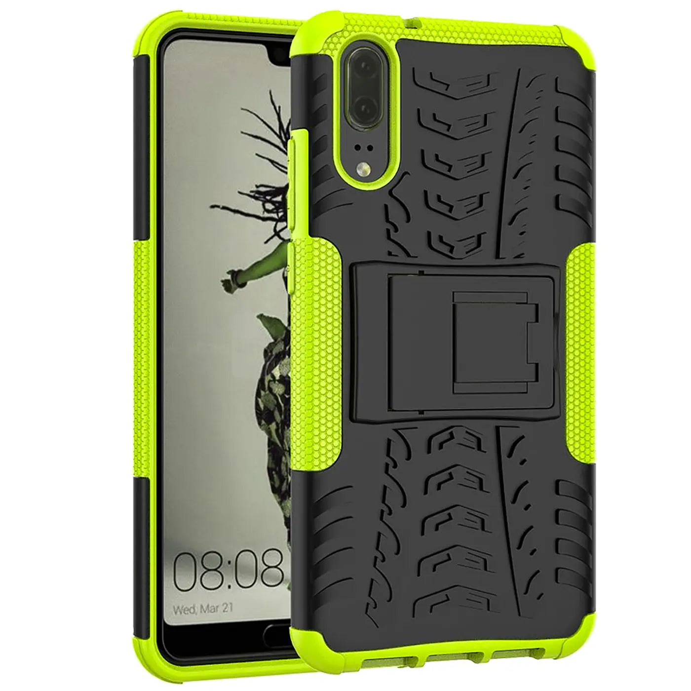 Schwarze Outdoor-Hülle mit neongrünen Akzenten für Huawei P20, 2-teilig, mit Ständer.