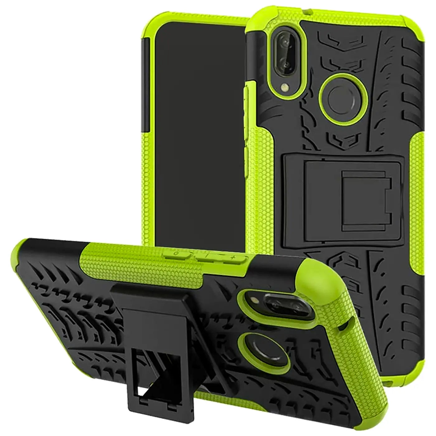 Grüne und schwarze stoßfeste Hülle mit Ständer für Huawei P20 Lite, von vorne und schräg.