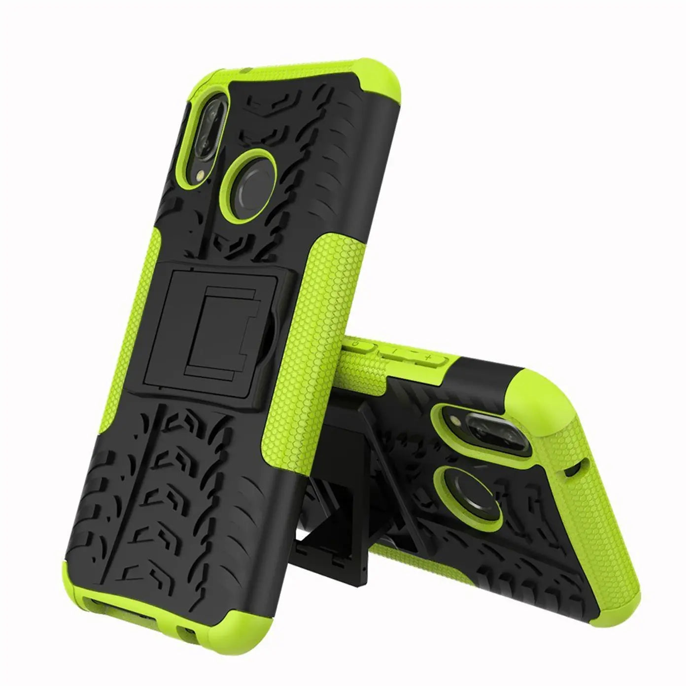 Zwei schwarze Outdoor-Hüllen mit neongrünen Akzenten, 2-teilig, mit Ständer, für Huawei P20 Lite.