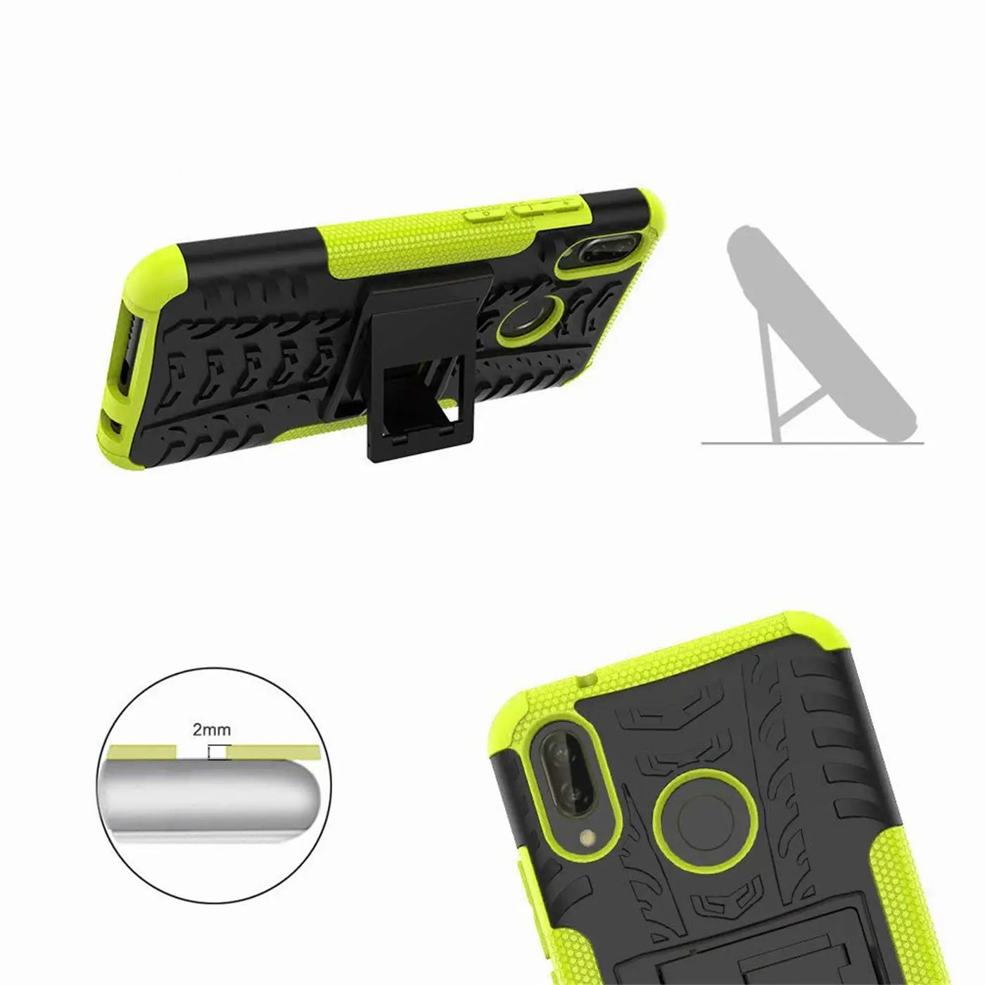 Grüne und schwarze Outdoor-Hülle mit Ständer für Huawei P20 Lite, von schräg oben.