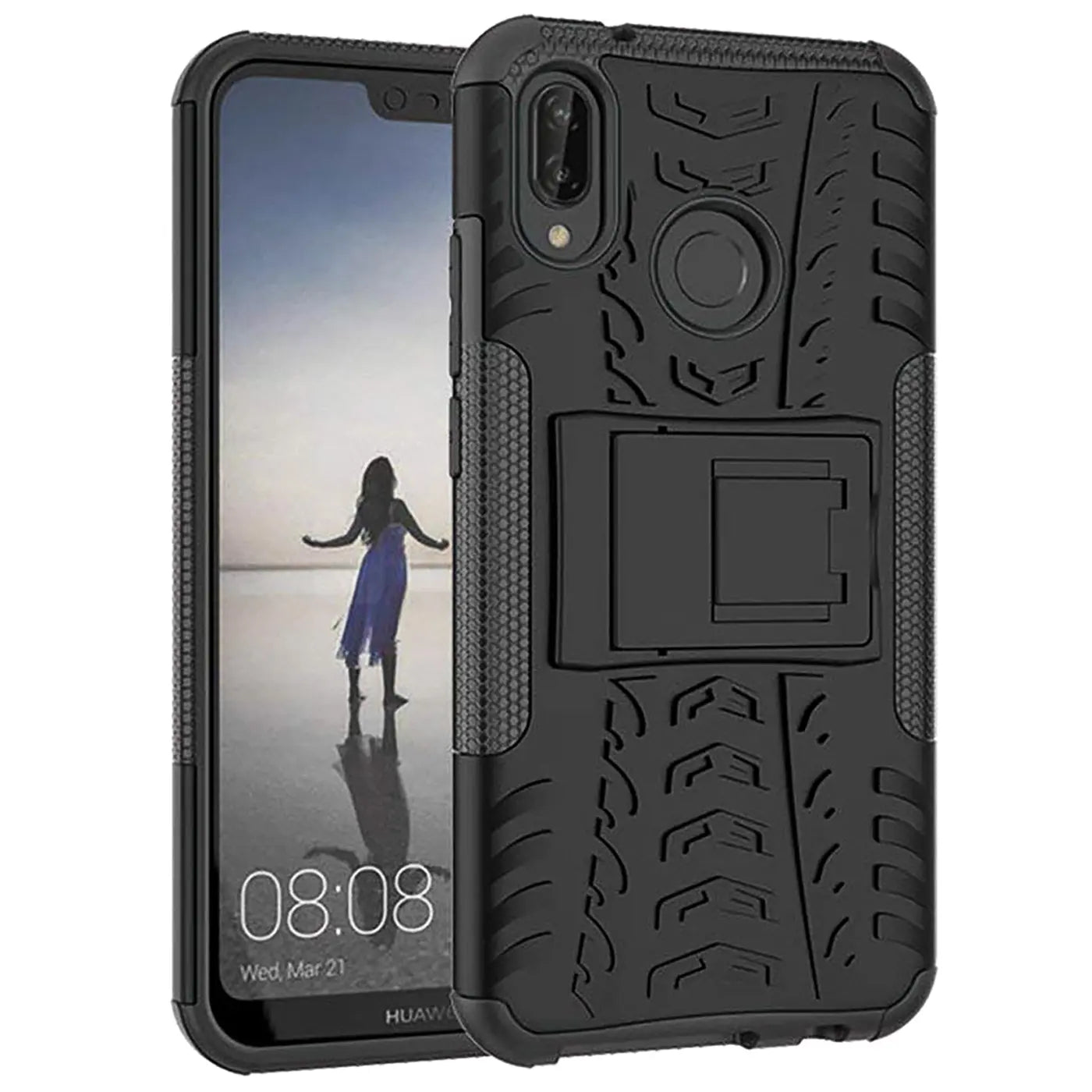 Schwarze Outdoor-Hülle aus Kunststoff mit Ständer für Huawei P20 Lite, von vorne schräg betrachtet.