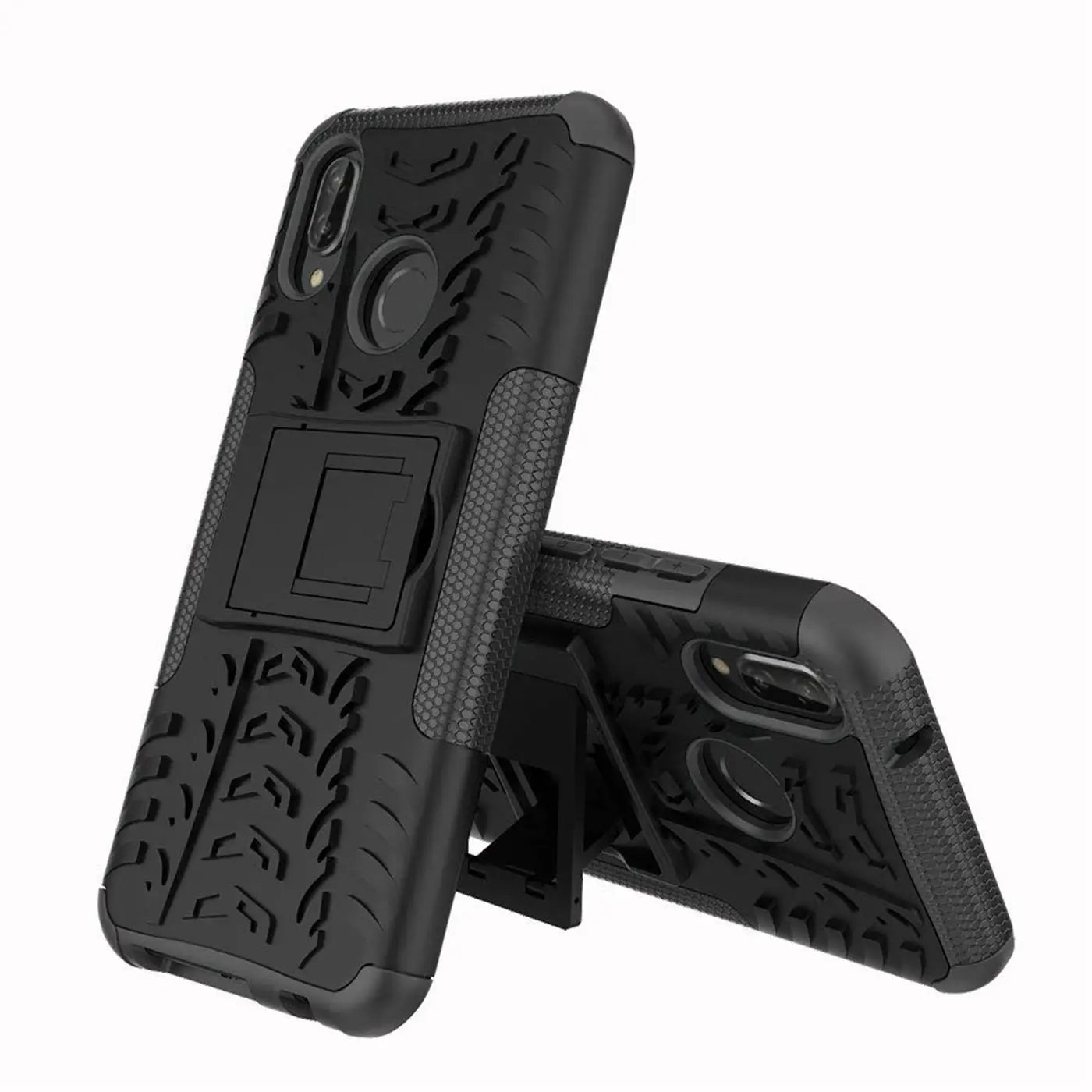 Schwarze Outdoor Hülle aus Gummi für Huawei P20 Lite mit Ständer, von vorne schräg