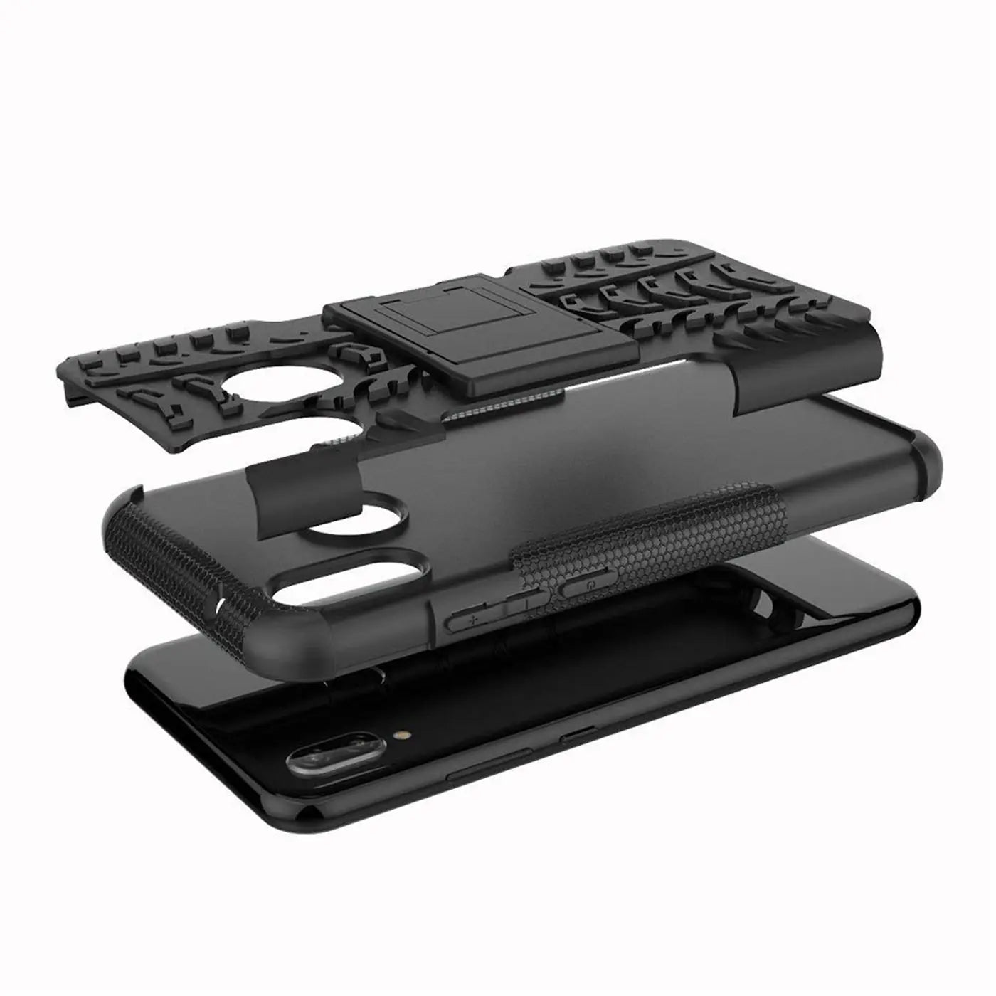 Schwarze 2-teilige Outdoor-Hülle aus Kunststoff mit Ständer für Huawei P20 Lite, Draufsicht.