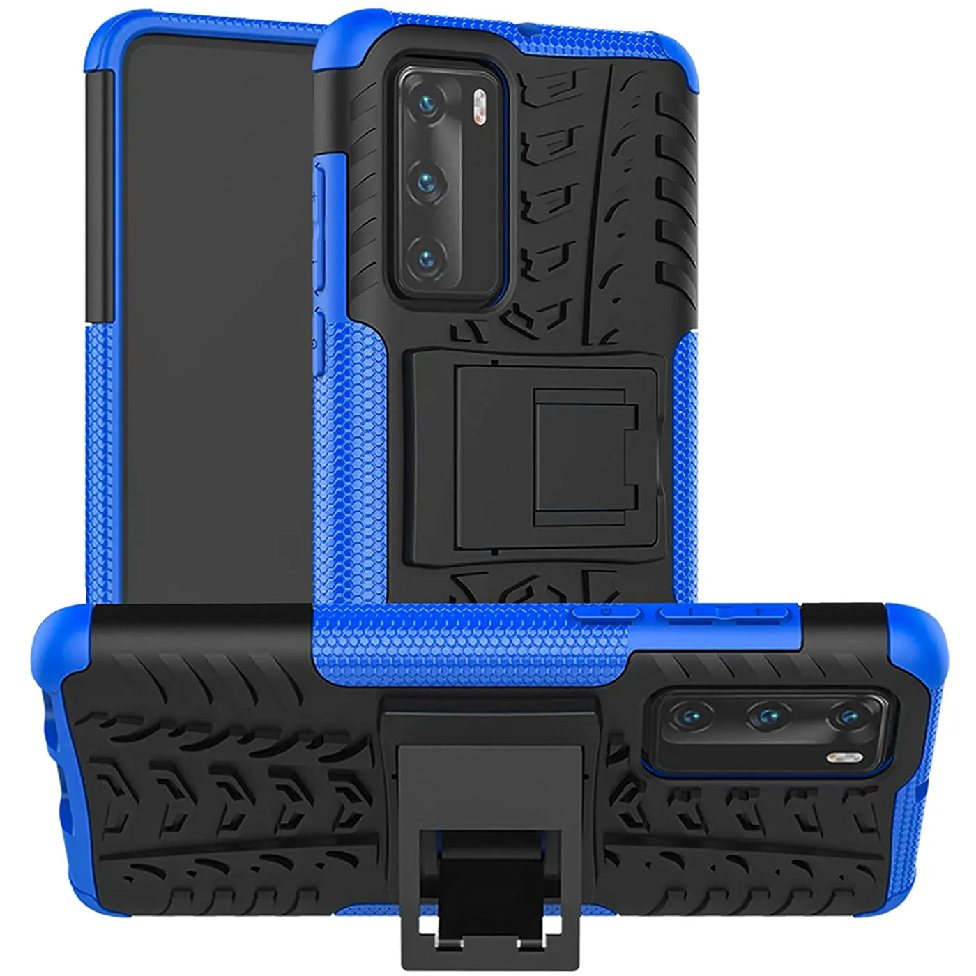 Blaue und schwarze Outdoor-Hülle aus Kunststoff für Huawei P40 mit Ständer, Vorder- und Rückansicht.