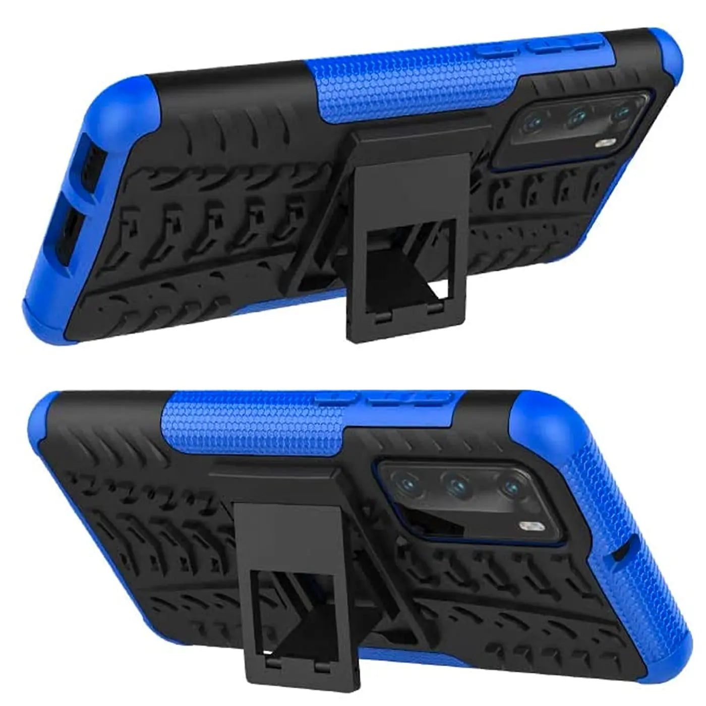 Blaue und schwarze Outdoor-Hülle mit Ständer für Huawei P40, von schräg oben/unten gezeigt.