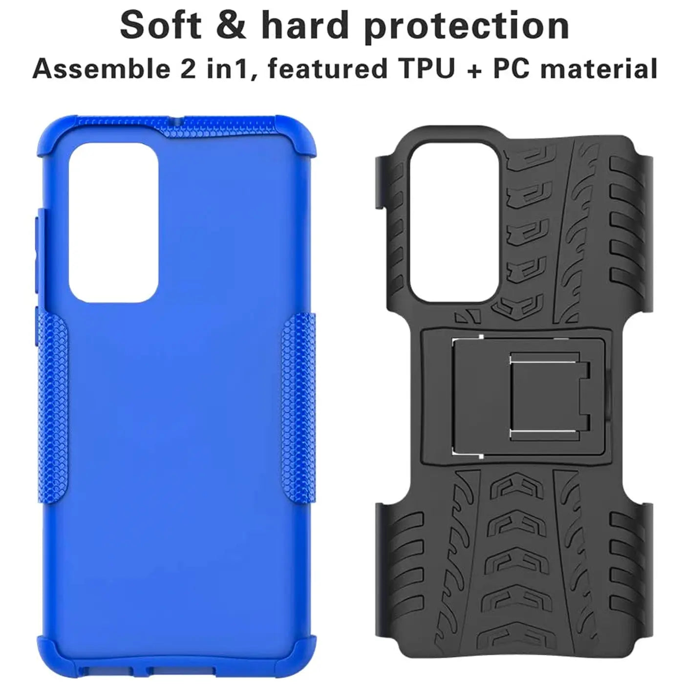 Blaue und schwarze Handyhülle aus TPU/PC für Huawei P40, zweigeteilt, von vorne und hinten gezeigt.