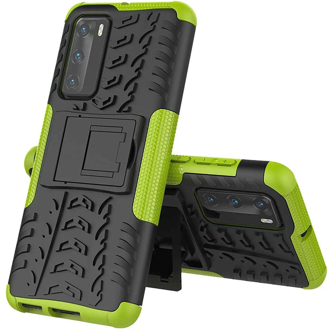 Zwei schwarze und grüne Outdoor-Hüllen für Huawei P40 mit Reifenprofil und Ständer, aus der Seitenansicht.