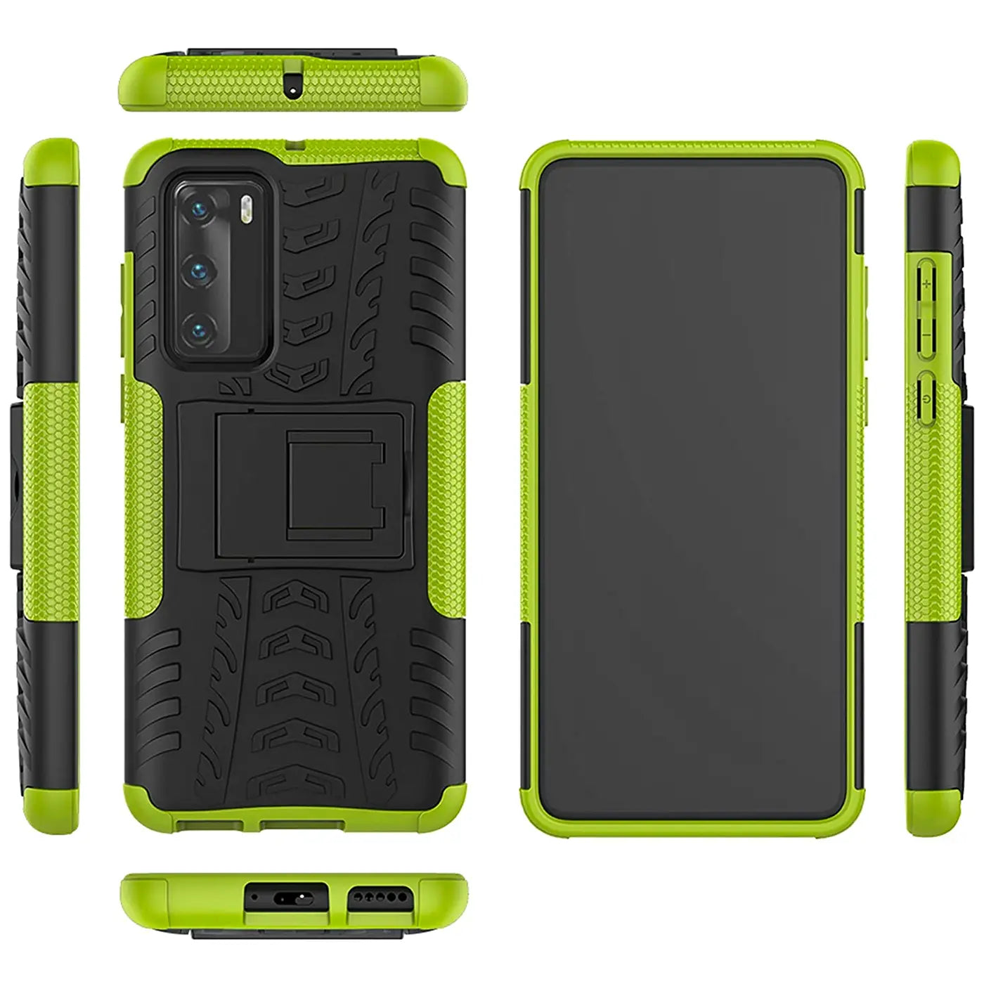 Grüne und schwarze Outdoor-Hülle mit Ständer für Huawei P40, verschiedene Ansichten.